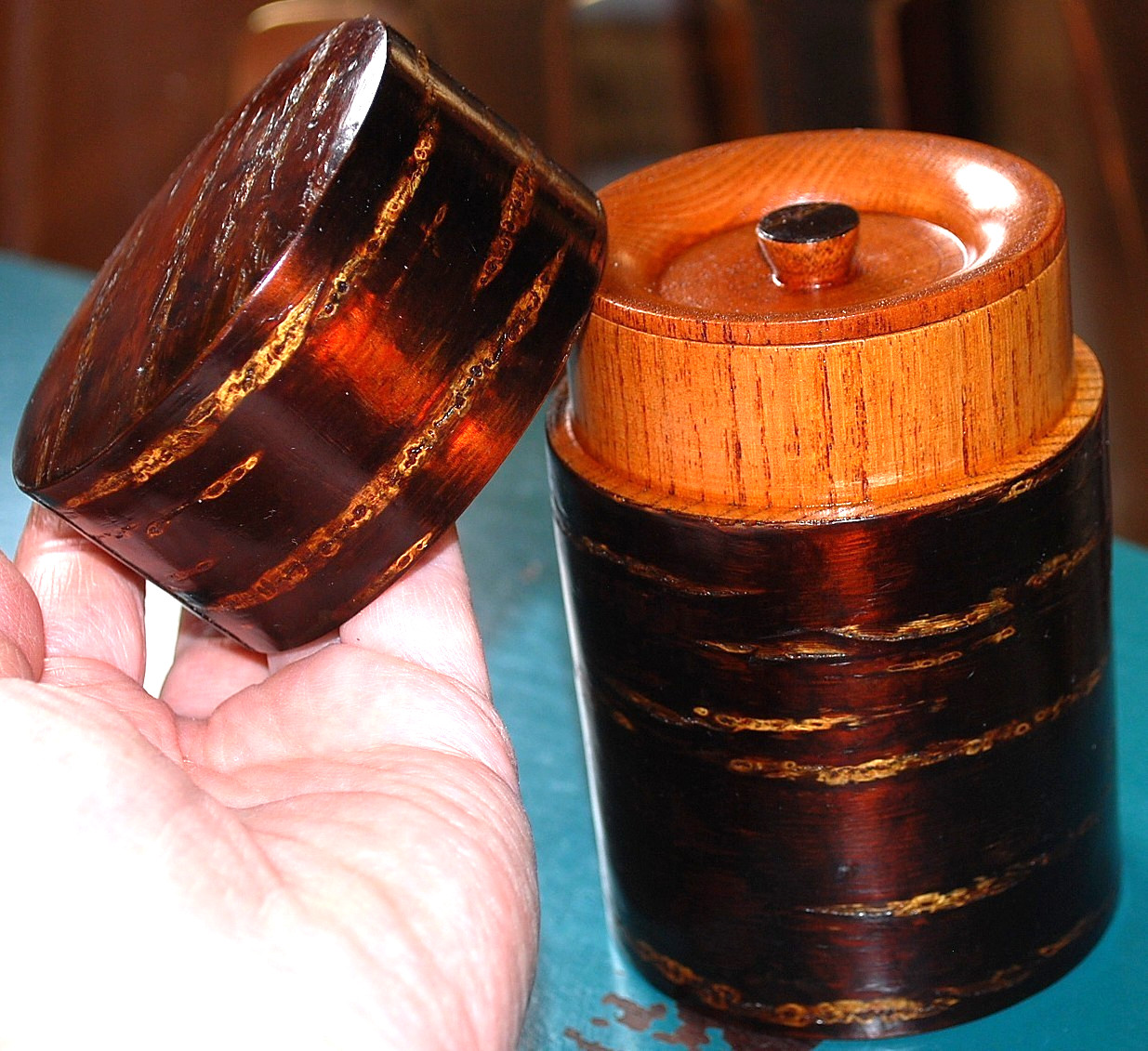 Fujiki KABAZAIKU Japan CHERRY BARK & WOOD Tea Caddy W Lid & Hidden Stopper 3pc