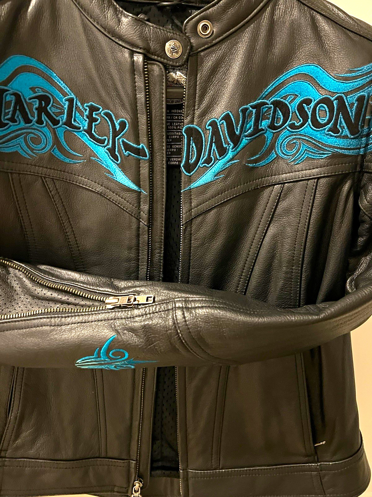 Harley-Davidson Black Leather Jacket w/ Blue Embroidered Logo Graphics