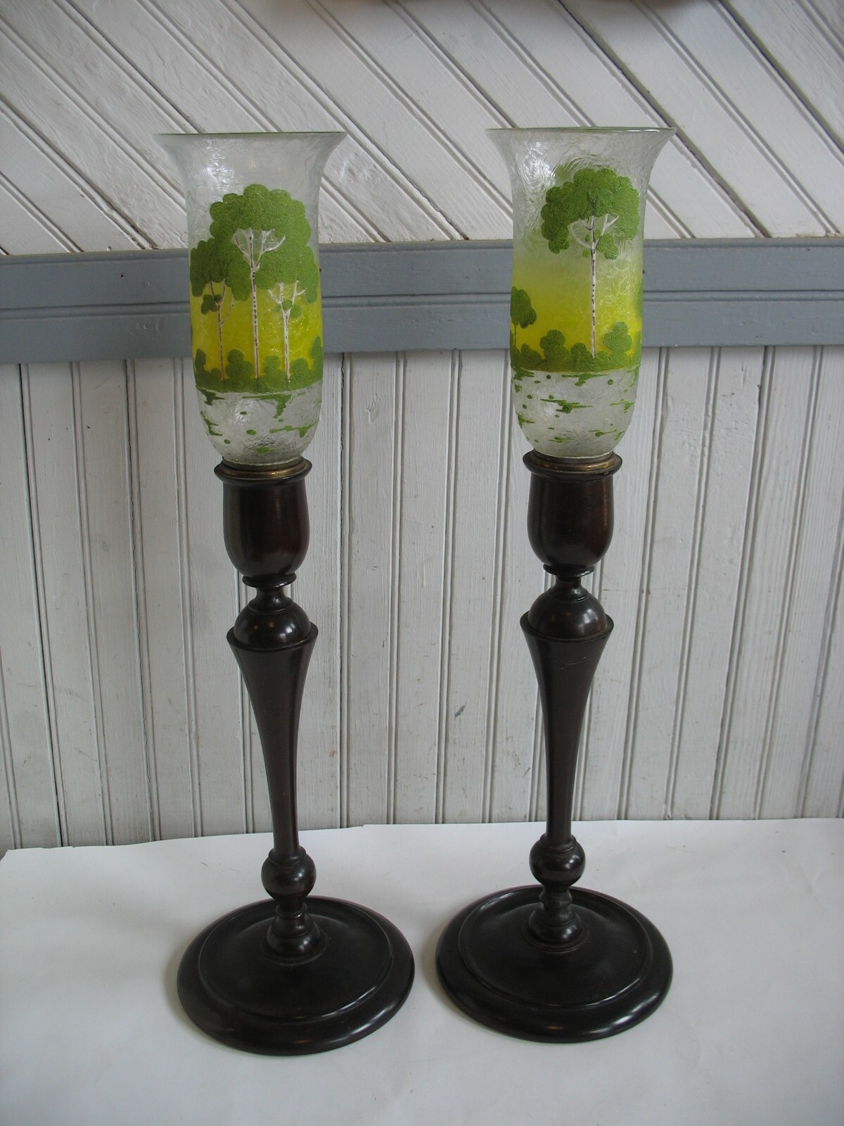 PR Pairpoint Ambero Scenic TREES Torchiere Shades Walnut Base Candlesticks 23
