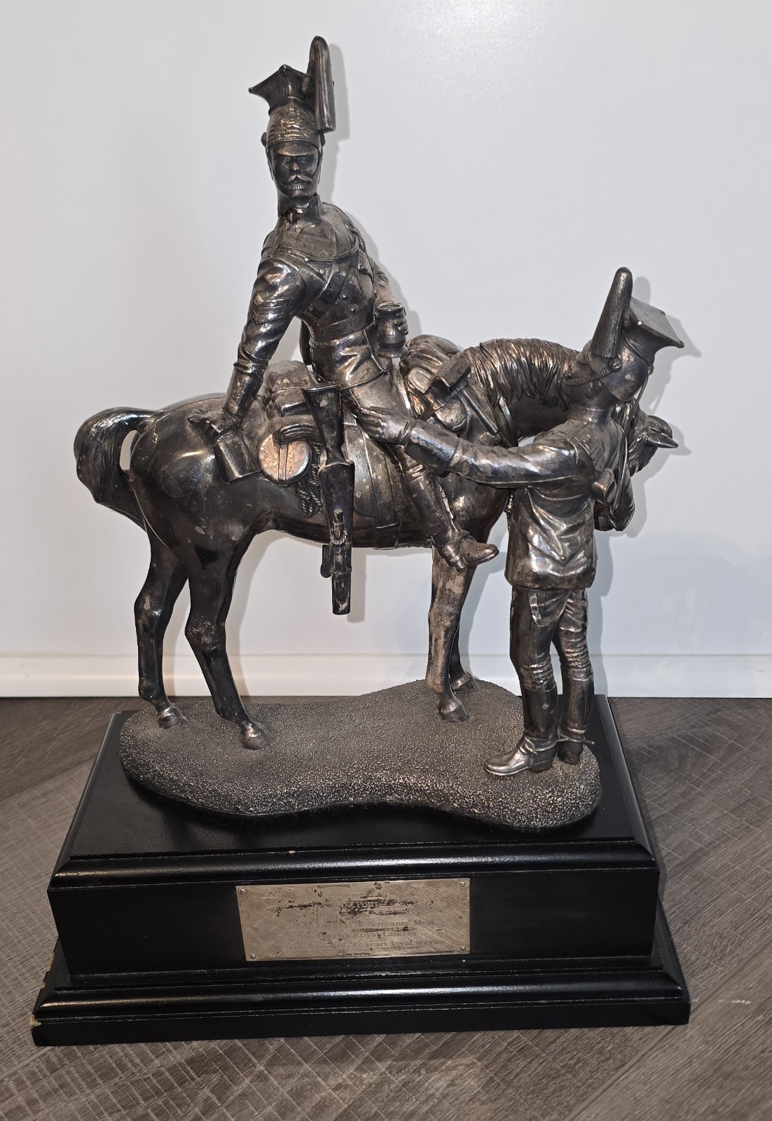 Queen's Royal Lancers Silver Finish Cavalry Horse Statue Hallmarked Plaque Vtg