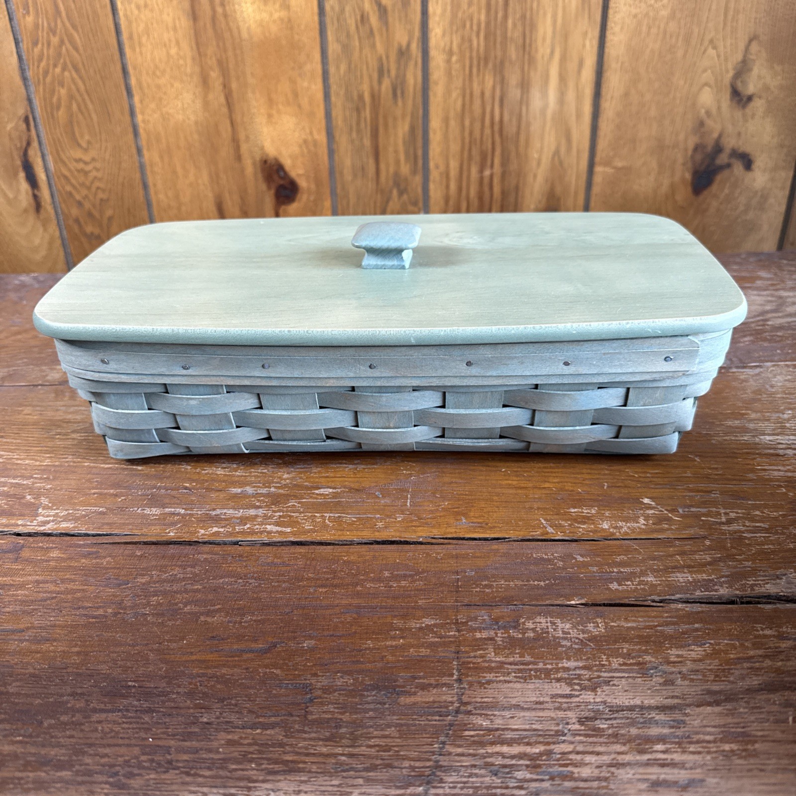 Vintage Longaberger Rectangle Basket w/Hard Plastic Liner and Lid-Sage Green 06