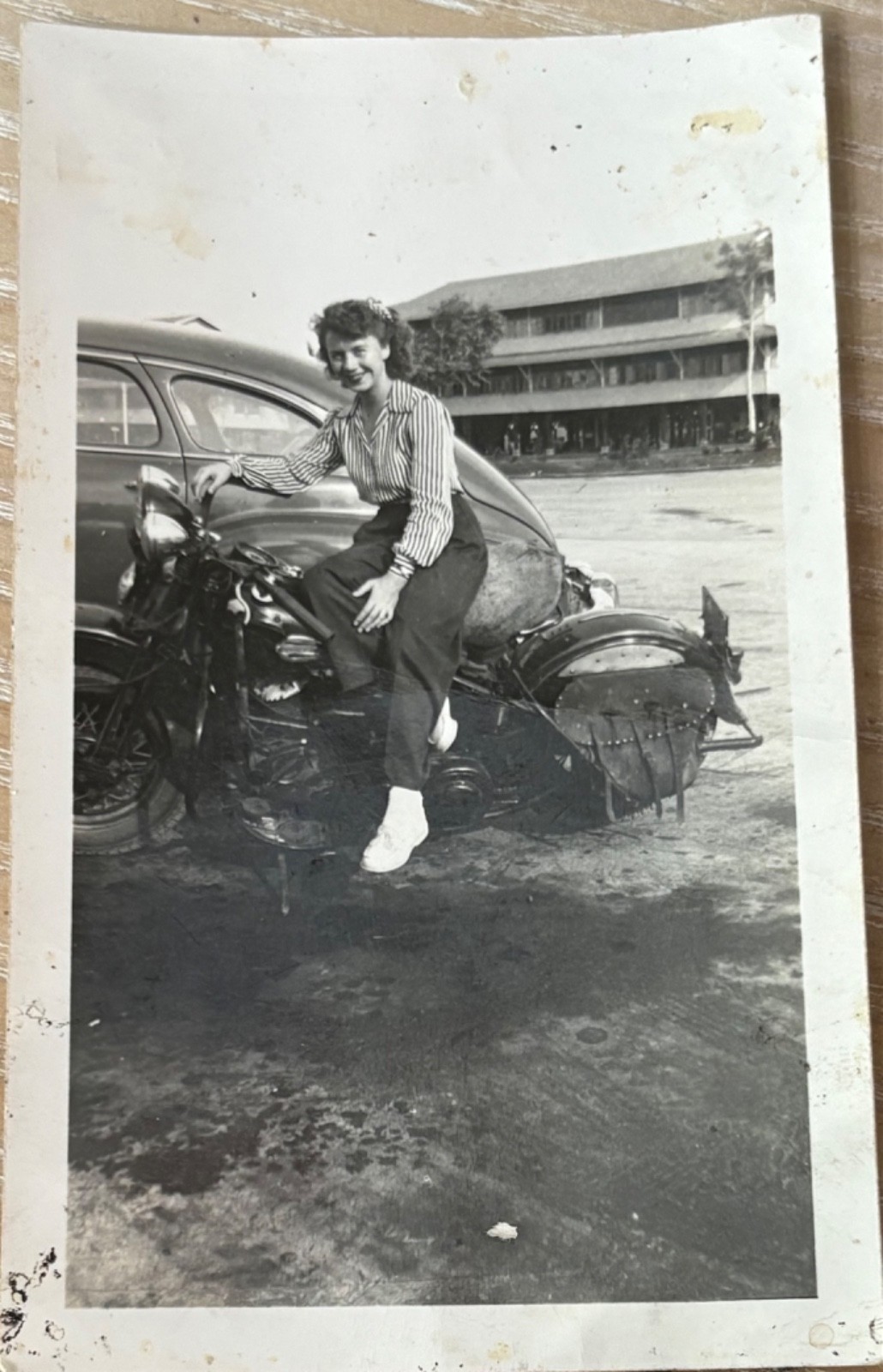 VINTAGE 1940s photograph WOMAN ON A 1940S HARLEY DAVIDSON WWII ERA
