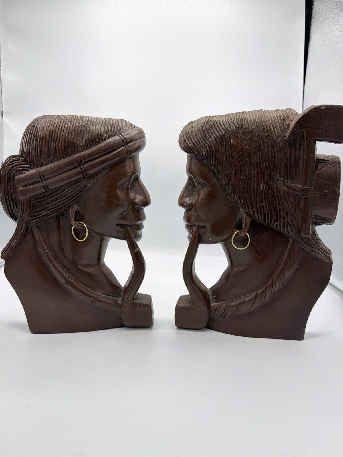 Vintage Hand Carved Wooden Wall Plaque Pair Tribal Profile Reliefs Mid-Century Vintage Hand Carved Wooden Wall Plaque Pair Tribal Profile Reliefs Mid-Century