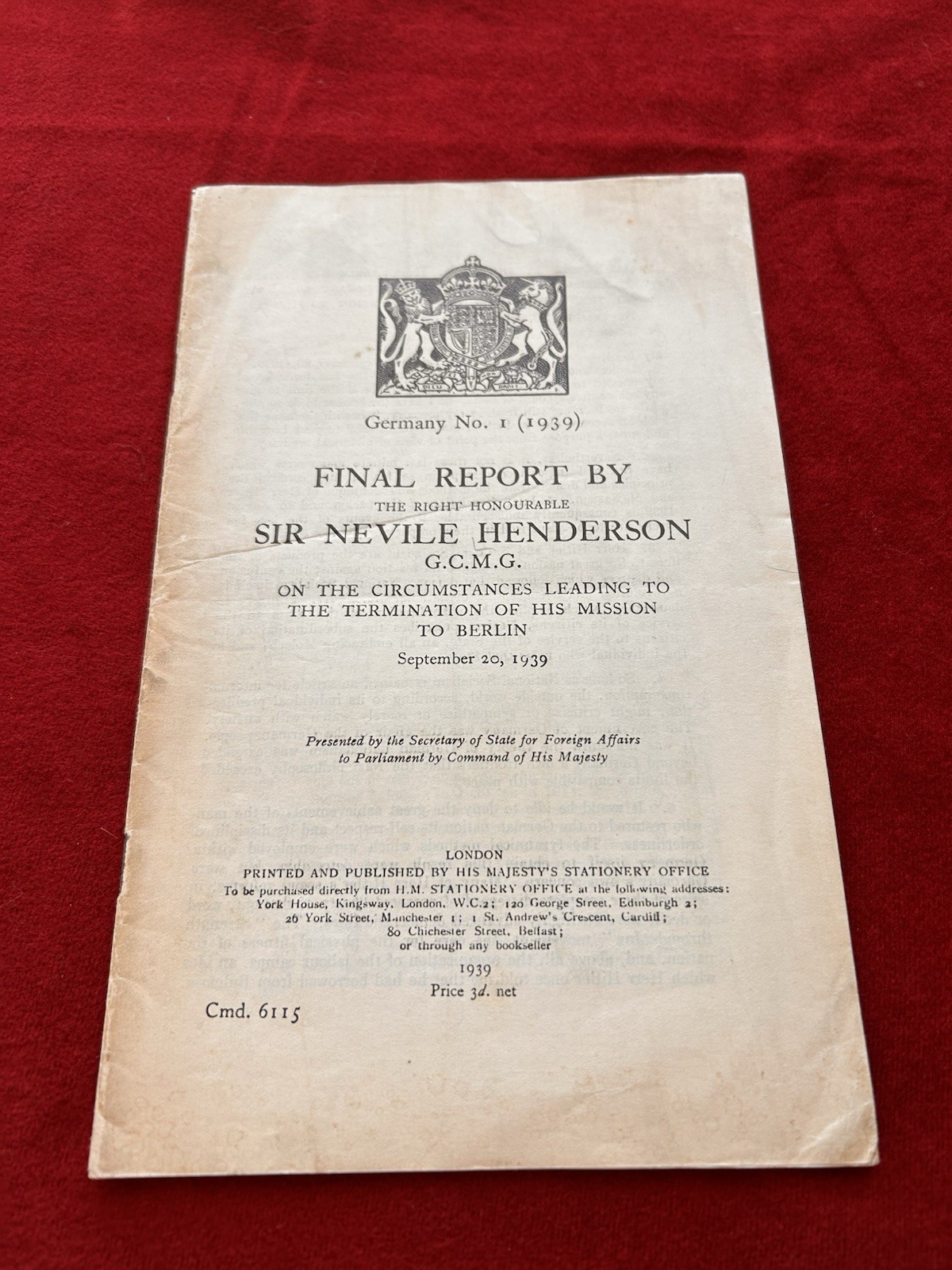 1939 Final Report By Sir Neville Henderson Termination Of Berlin Mission WWII VG