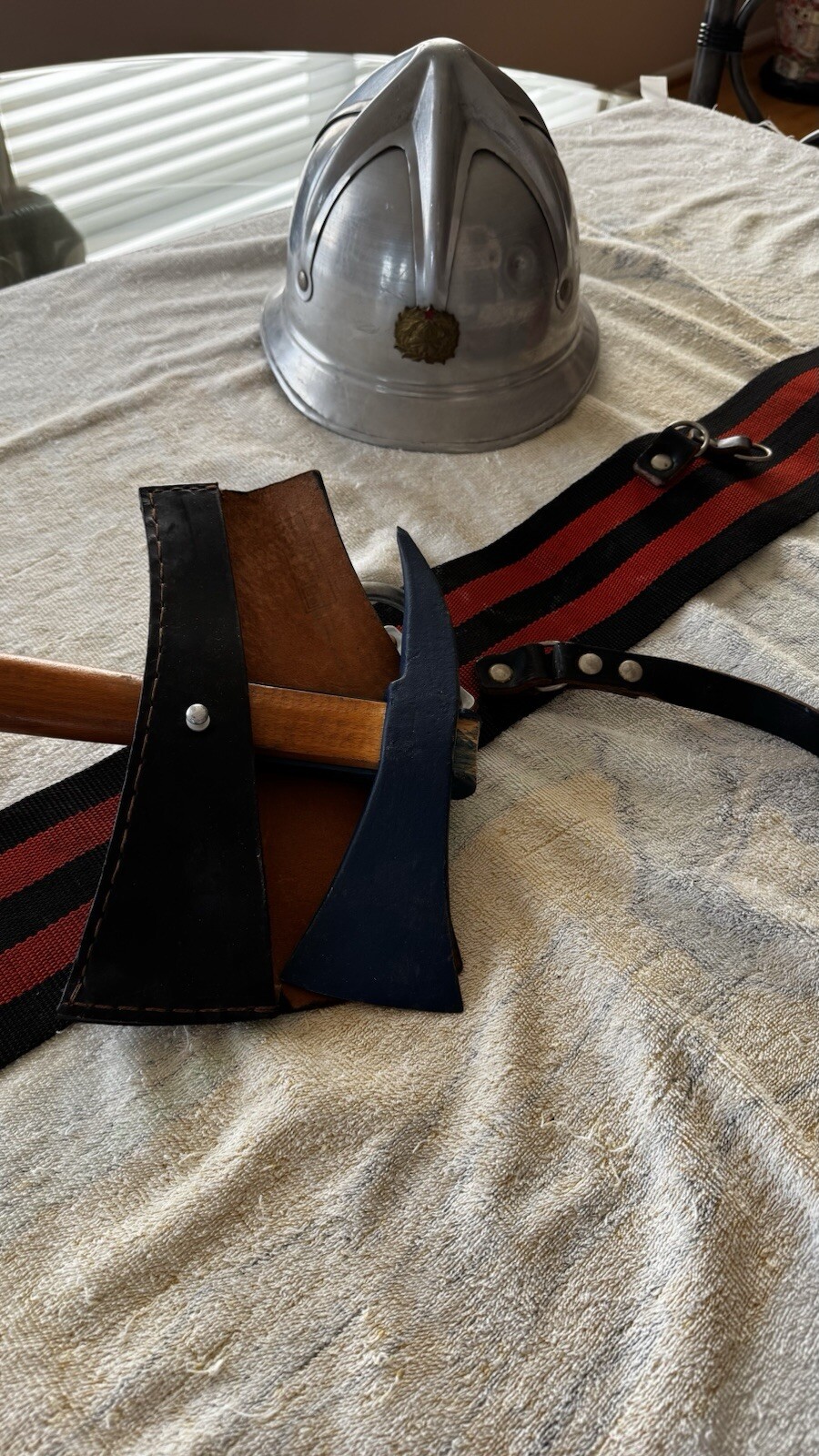 Vintage Yugoslavian Fireman Helmet and Belt with Axe inside a Leather Case