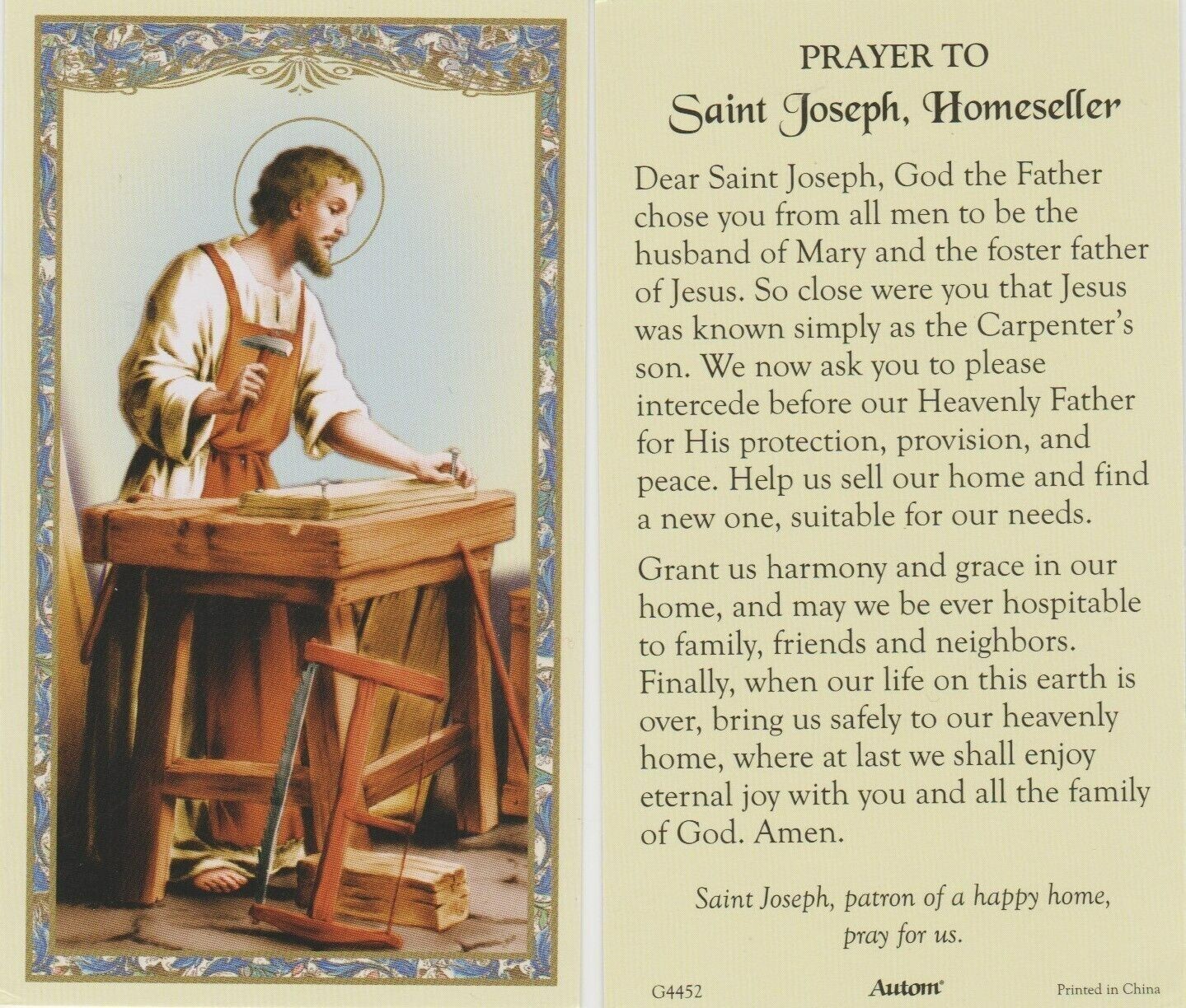 Prayer to Saint Joseph Home seller Prayer Card St. Joseph the Worker