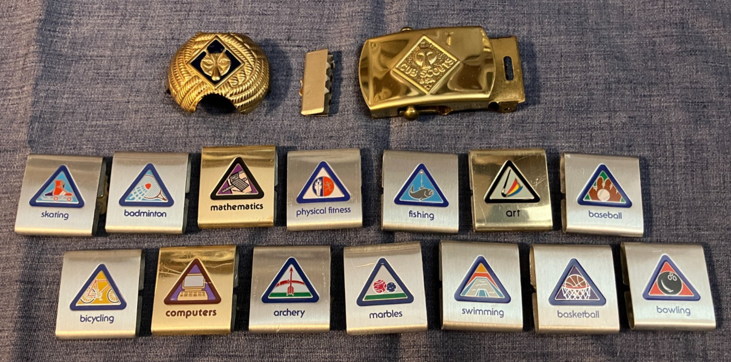 17pc Vintage Cub Boy Scouts Belt Loops, WOLF Brass Buckle, Neckerchief Slide LOT