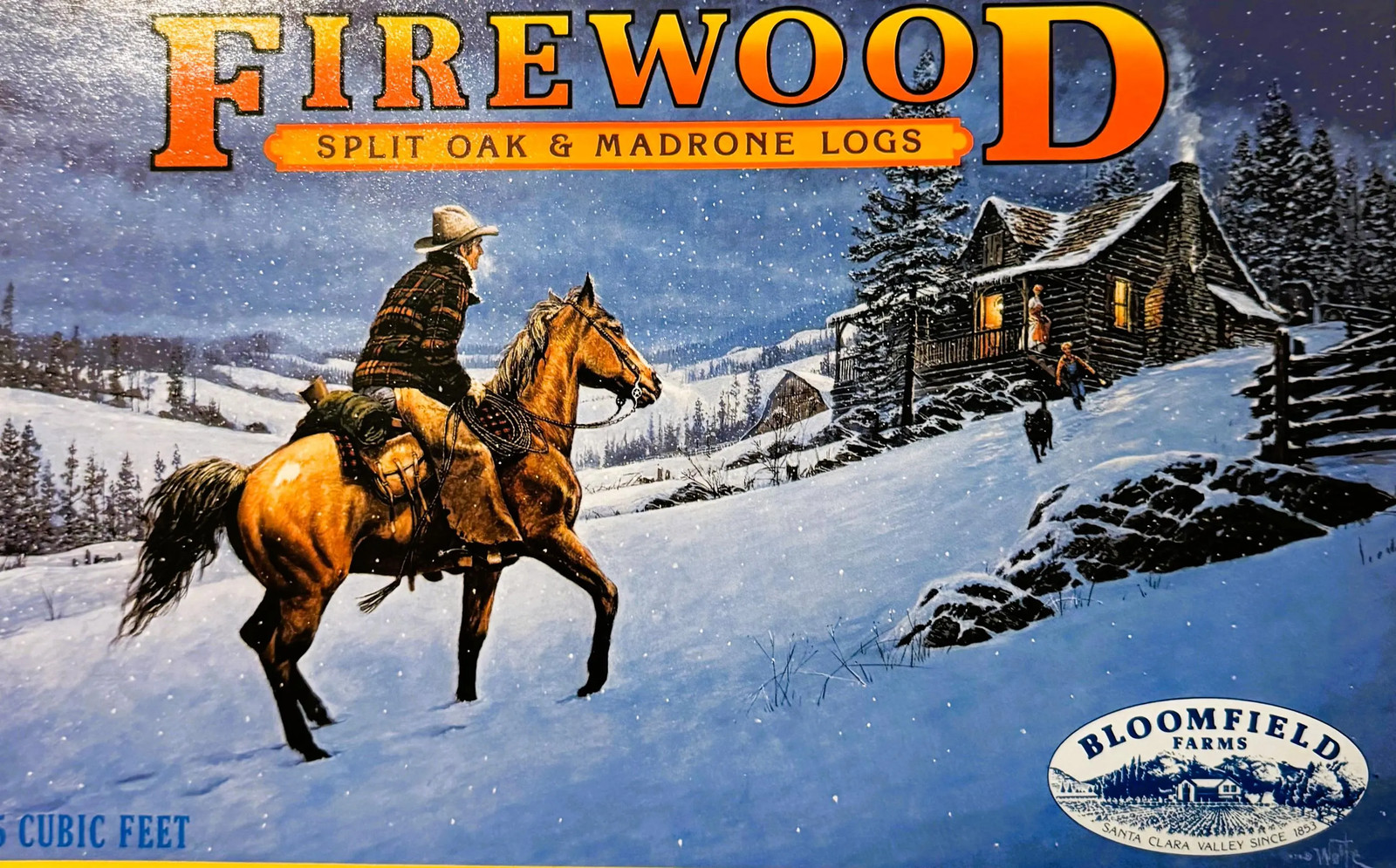 Vintage 1970s Bloomfield Firewood Crate Label 🔥 Cowboy Snow Cabin Santa Clara
