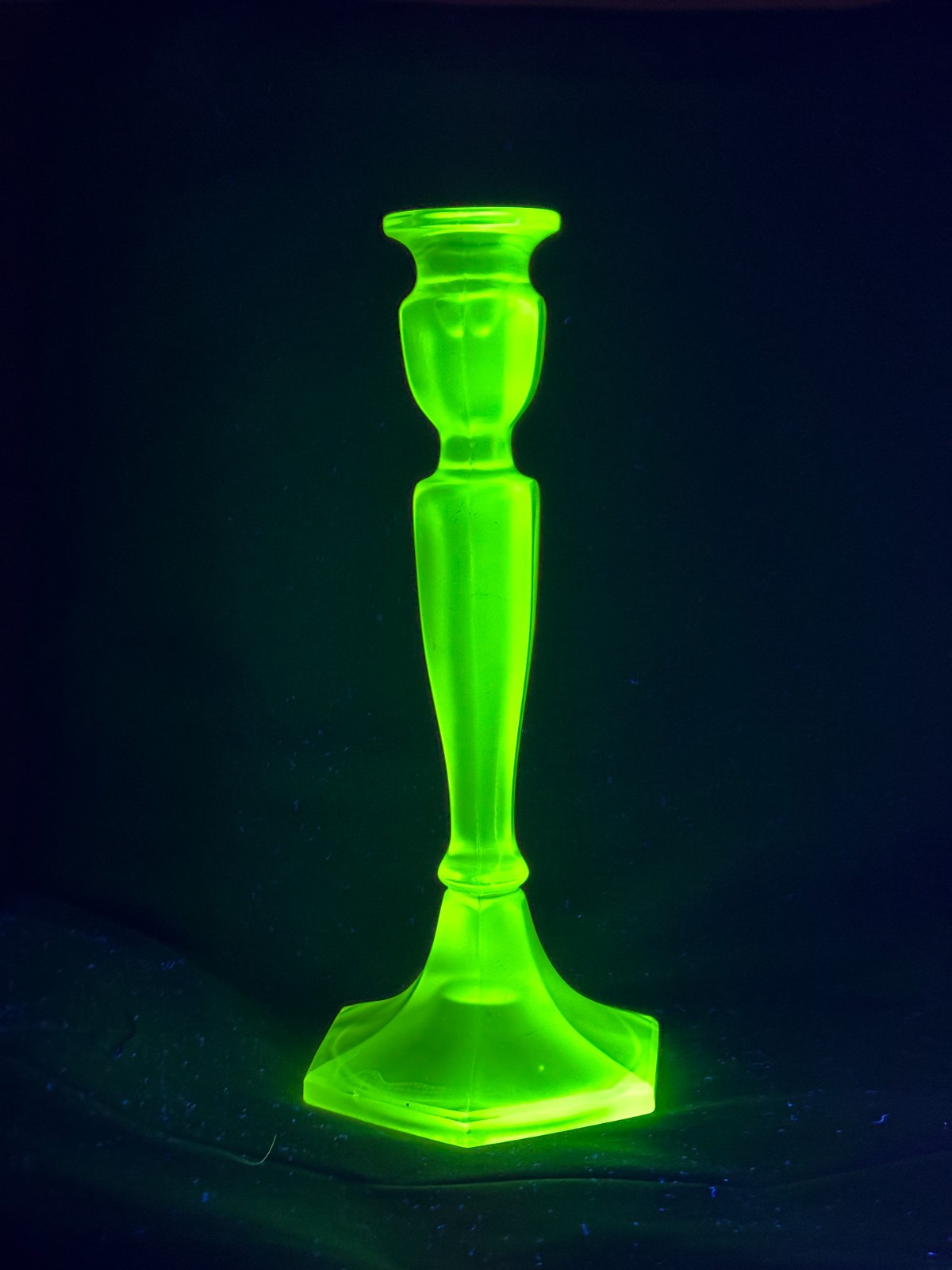 Fenton #349 Florentine Vaseline Uranium Glass Candlestick 10.5\