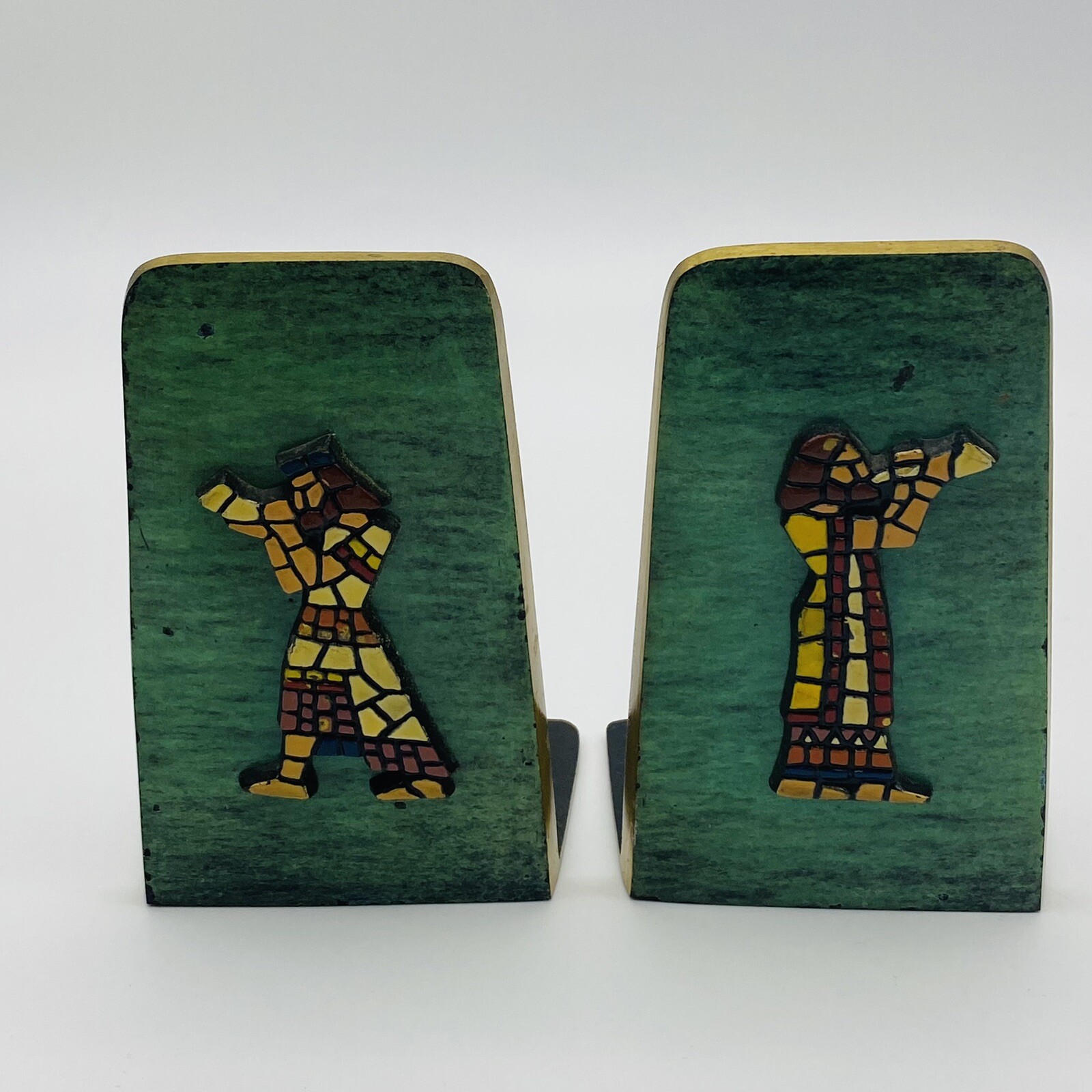 VINTAGE DAYAGI BRASS BOOK HOLDERS WITH ENAMEL FIGURES VINTAGE DAYAGI BRASS BOOK HOLDERS WITH ENAMEL FIGURES