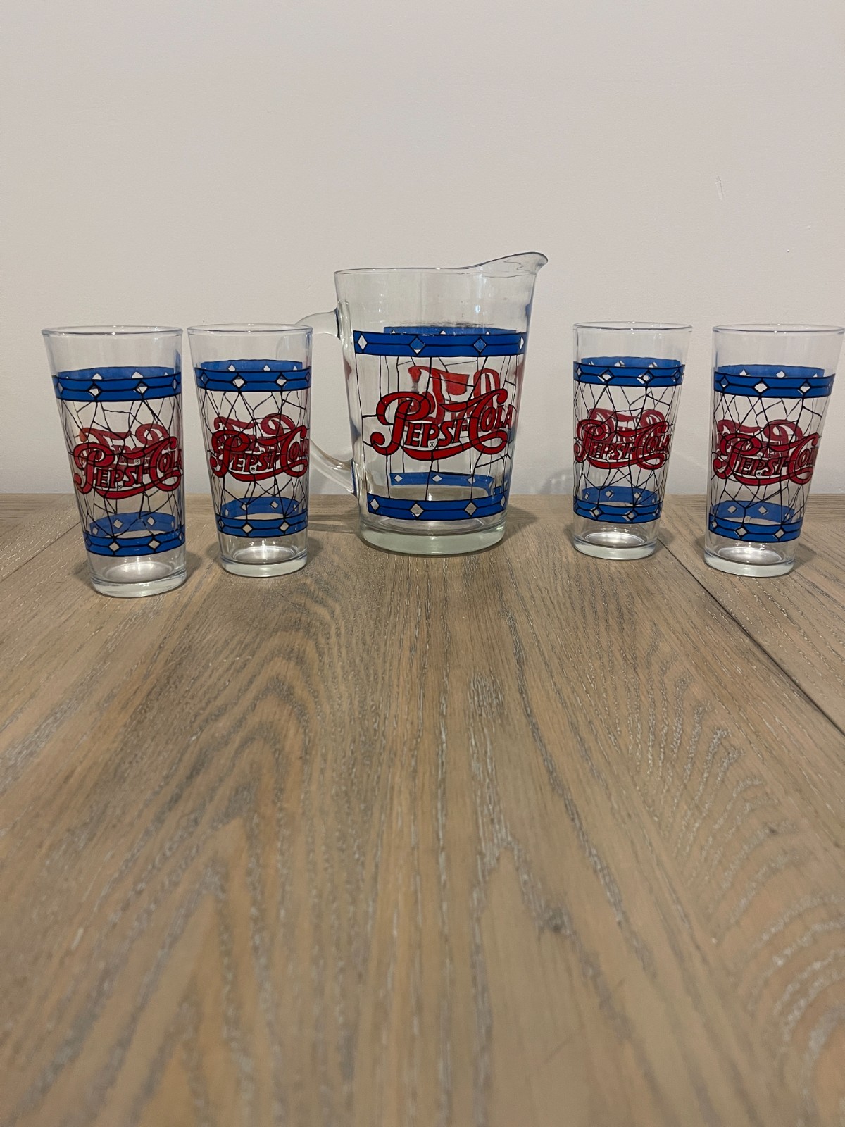 Vintage Pepsi Cola Glass Pitcher &  Set of 4 Tall Stained Glass