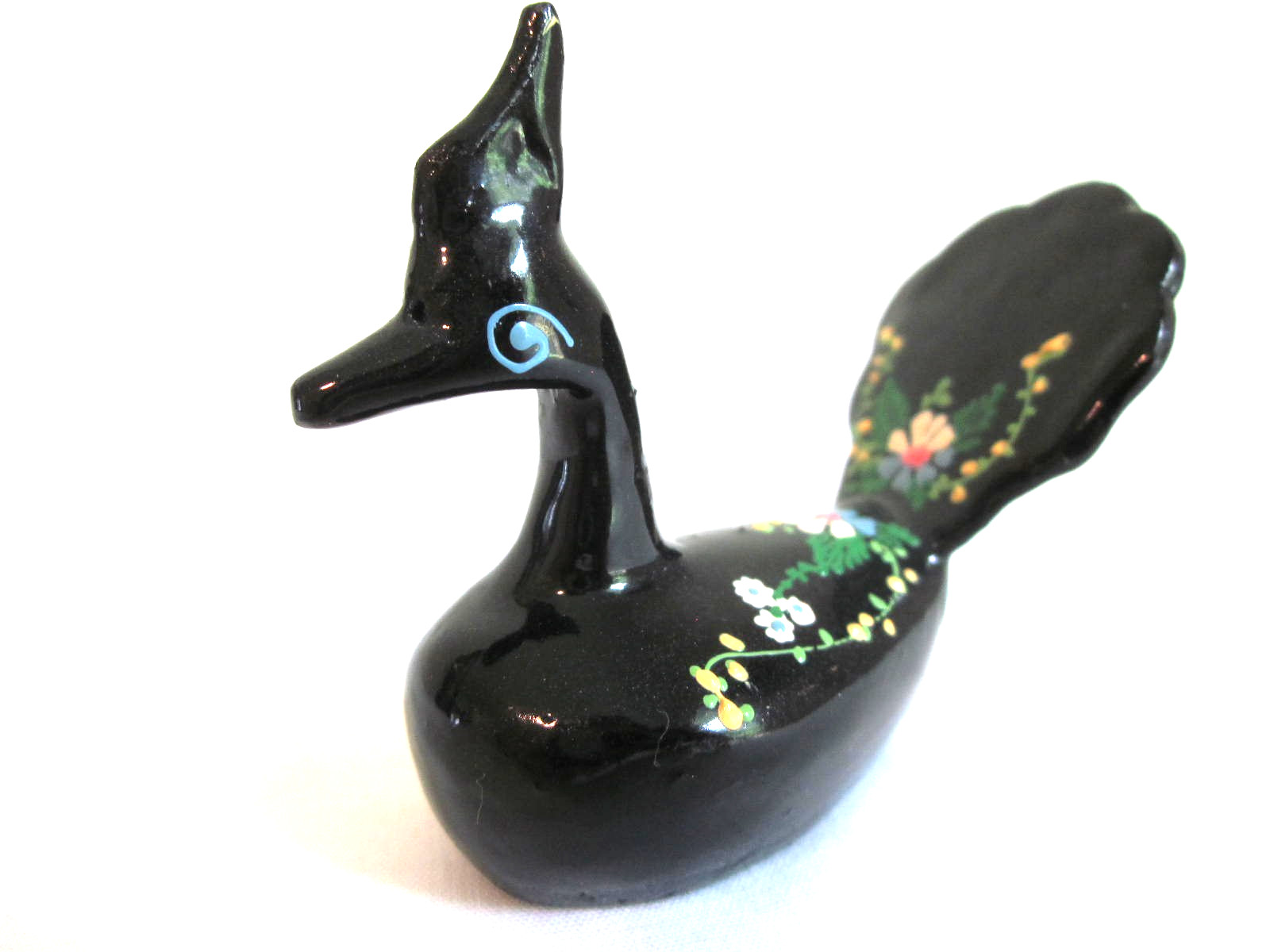 Vintage Small Hand Painted Black Colorful Bird Lacquer Folk Art 2\