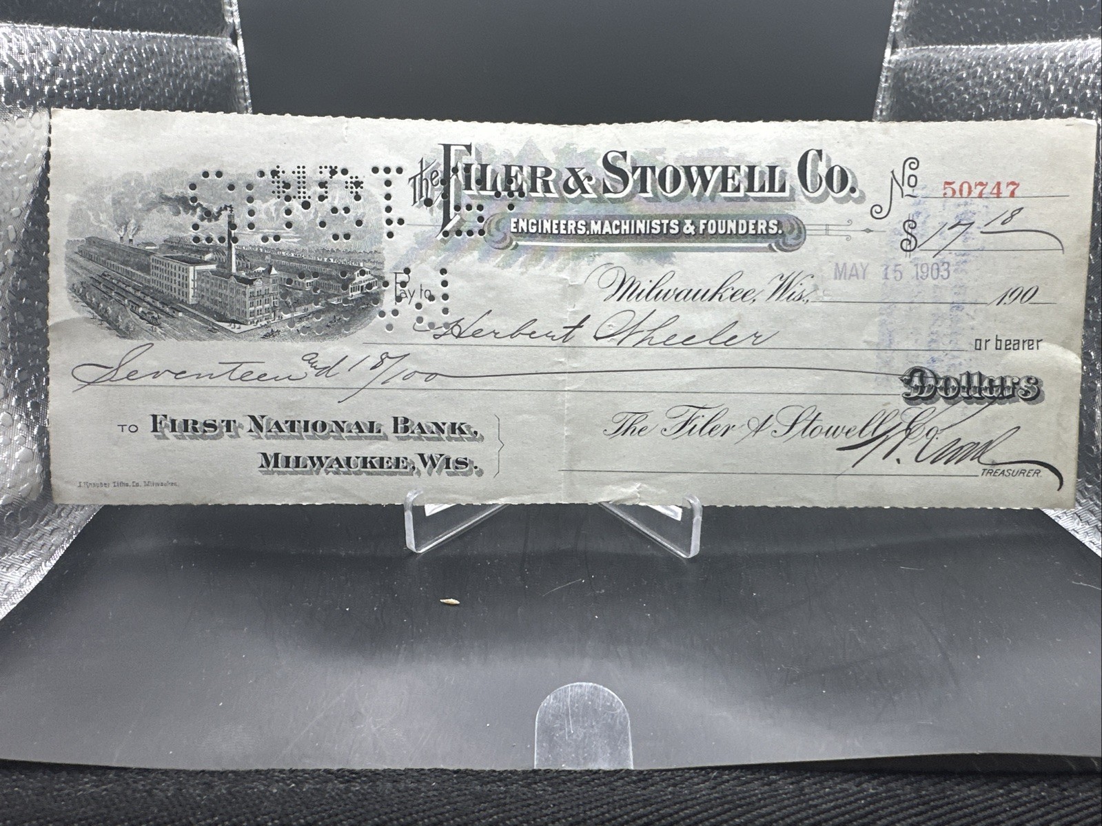 Vintage The Filer & Stowell Co. 1903 Cancelled Check Herbert Wheeler