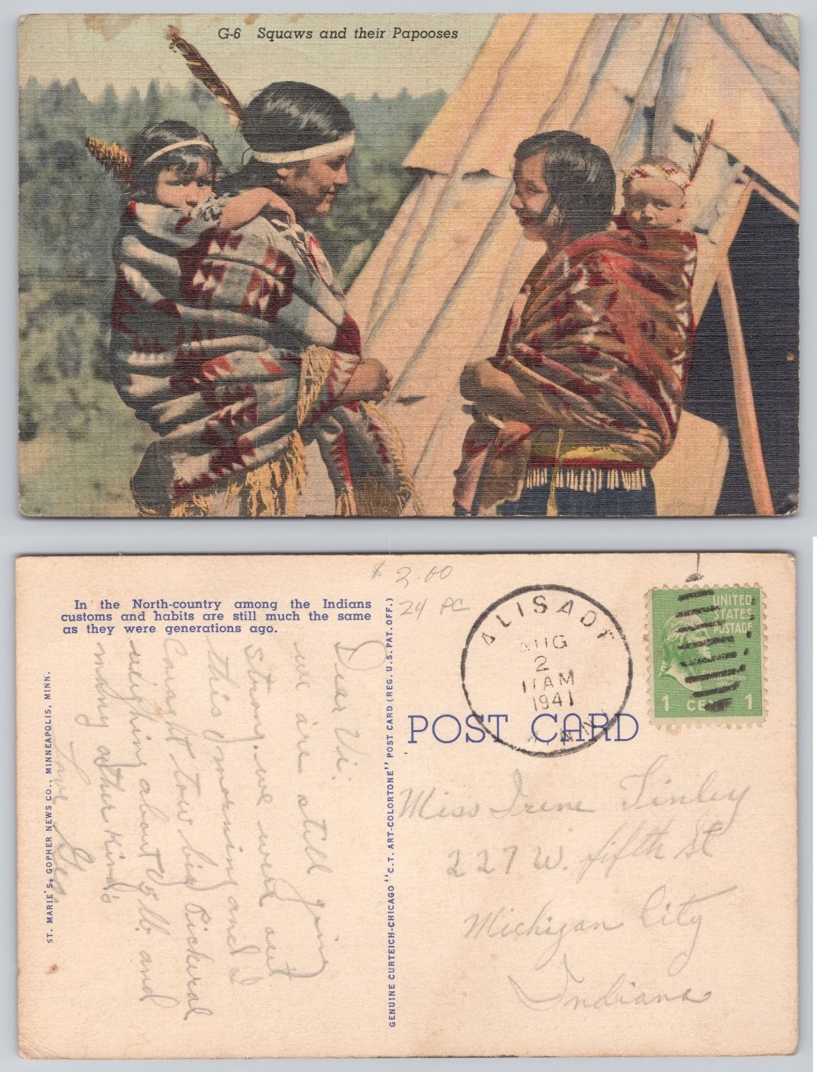 Vintage 1941 Linen Postcard Native American Squaws & Papooses Curteich