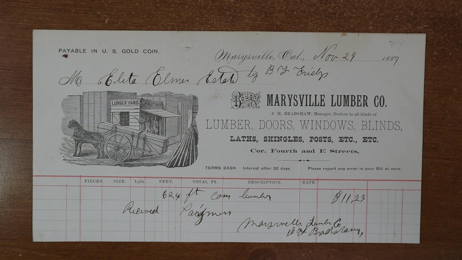 1889 Marysville 4th & E Sts Yuba California Lumber Illustrated Office Billhead