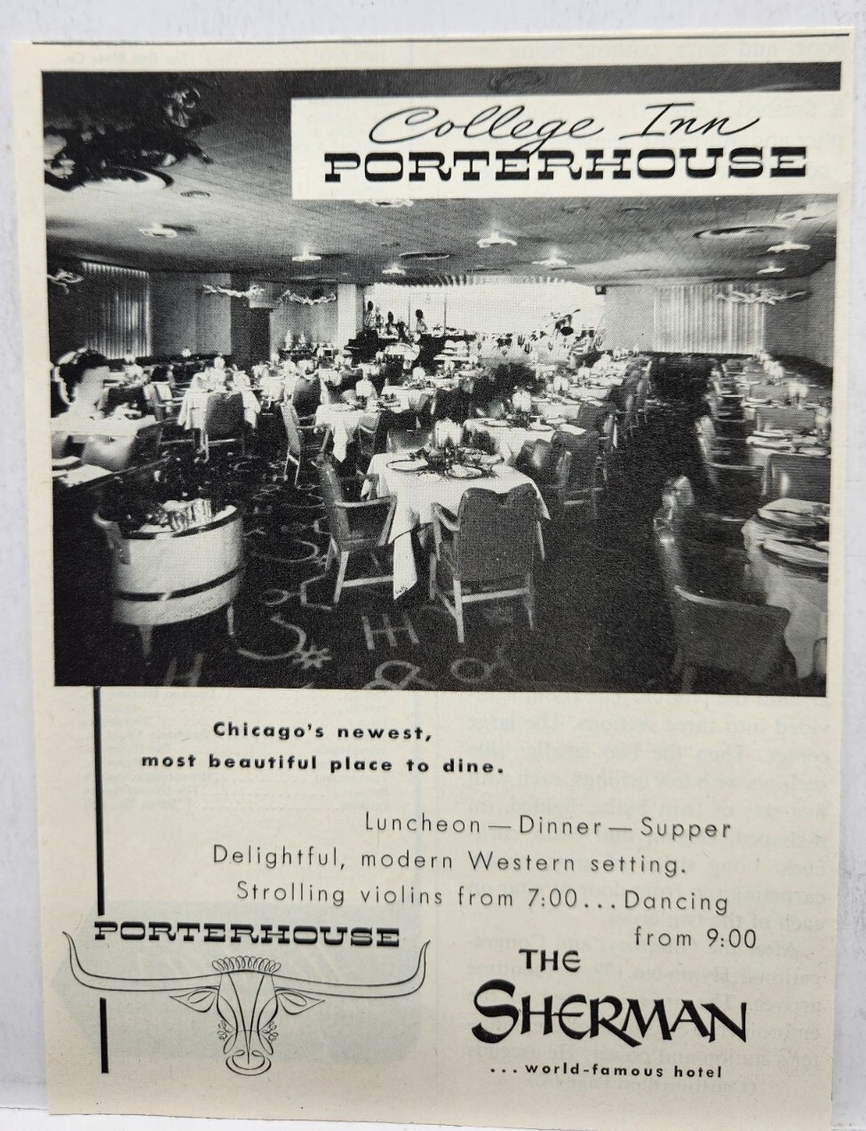 1951 The Sherman Hotel College Inn Porterhouse Chicago IL MCM Original Print Ad