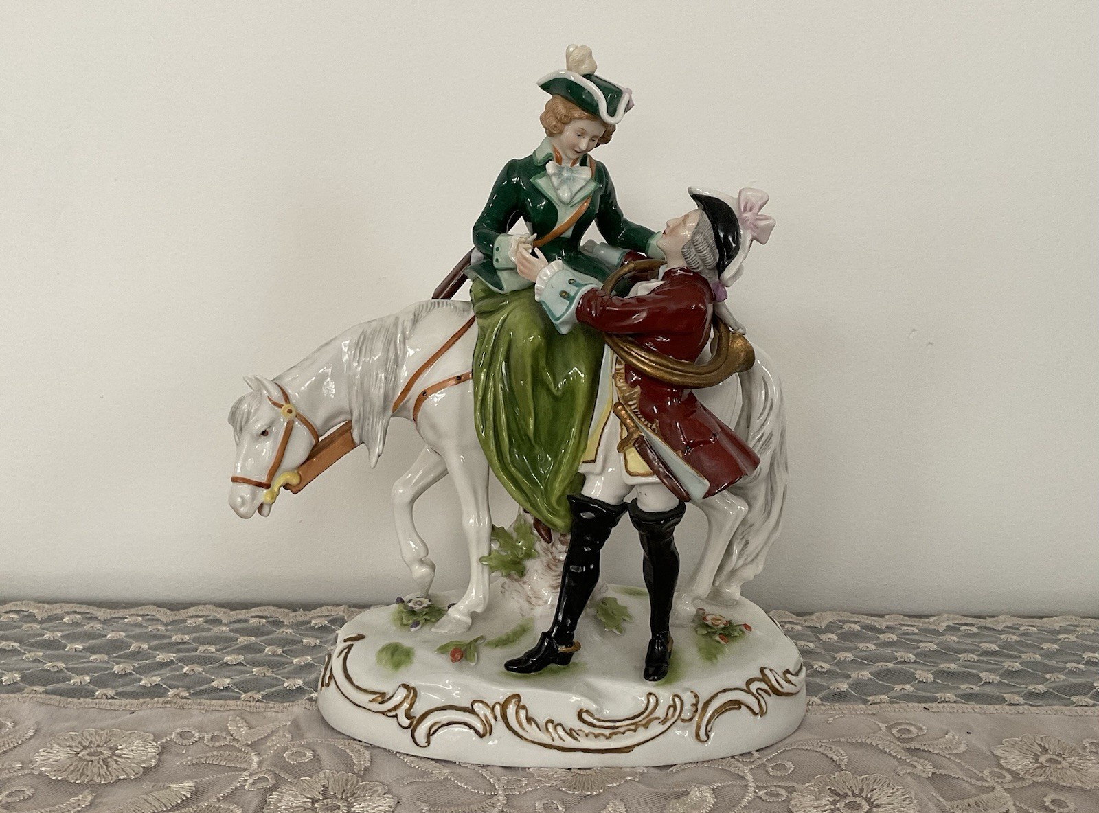 A Gallant Hunting Group, Fine Porcelain Figurine By Scheibe-Alsbach of Germany