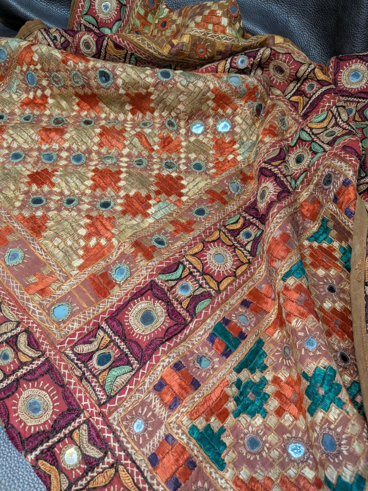 Vintage Indian Shisha Mirror Work Tapestry All Handwork Textile 56x38in Backed Vintage Indian Shisha Mirror Work Tapestry All Handwork Textile 56x38in Backed