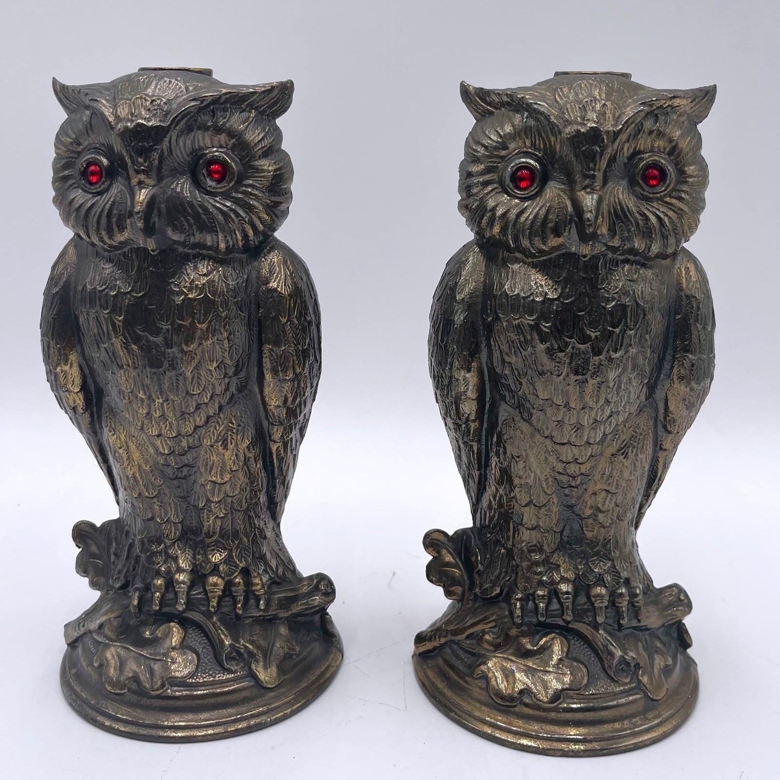 Pair Vintage Metal Owl Lamp Base L&L WMC Loevsky & Loevsky Stamped Makers Mark