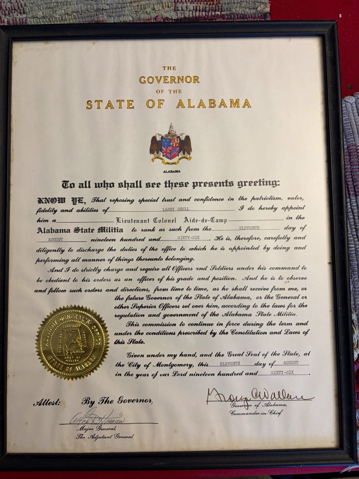 Framed Alabama State Militia Commission Signed George Wallace 1966 Framed Alabama State Militia Commission Signed George Wallace 1966