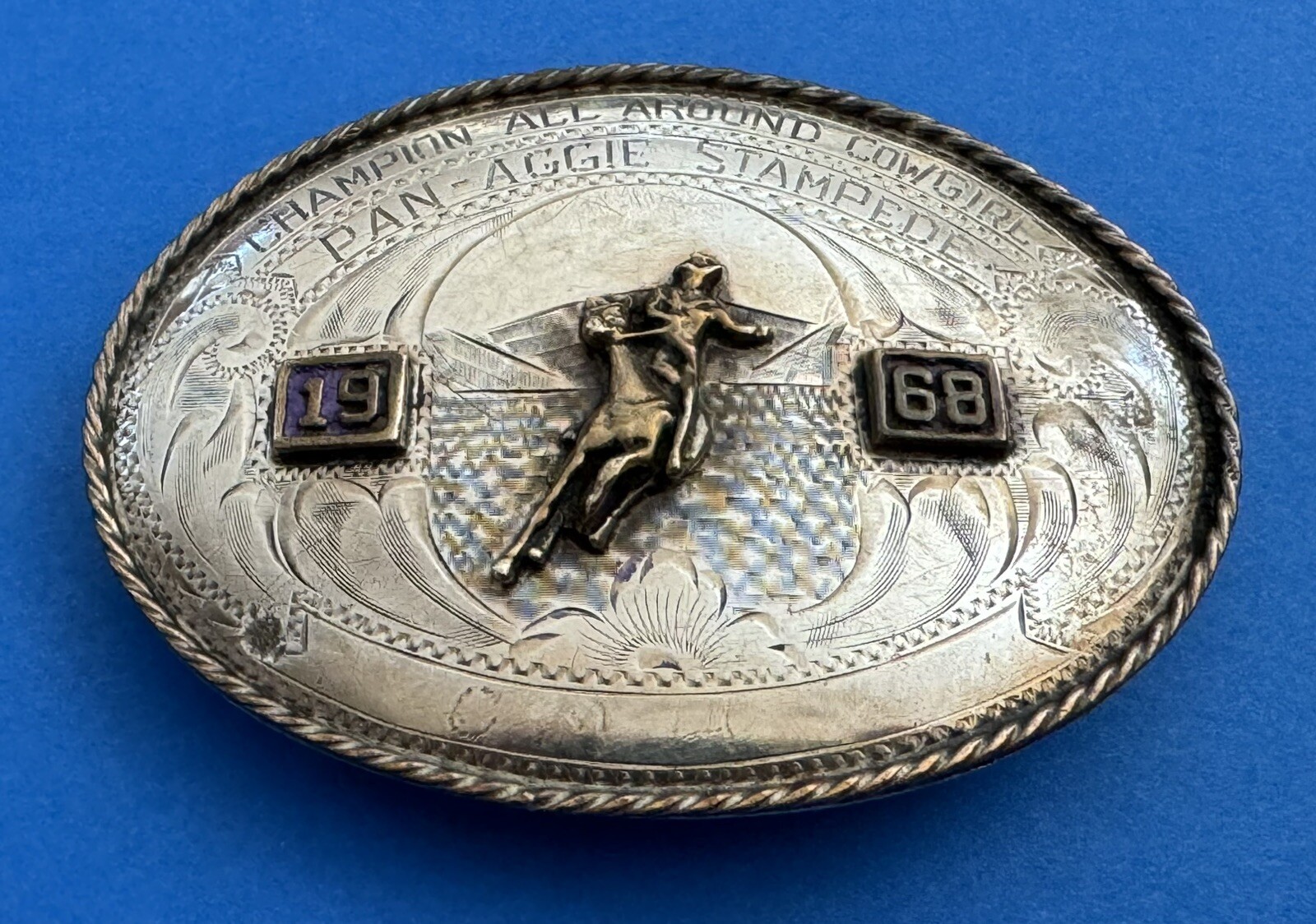 VTG 1968 Pan Aggie Stampede Sterling Silver Cowgirl Champion Trophy Belt Buckle VTG 1968 Pan Aggie Stampede Sterling Silver Cowgirl Champion Trophy Belt Buckle
