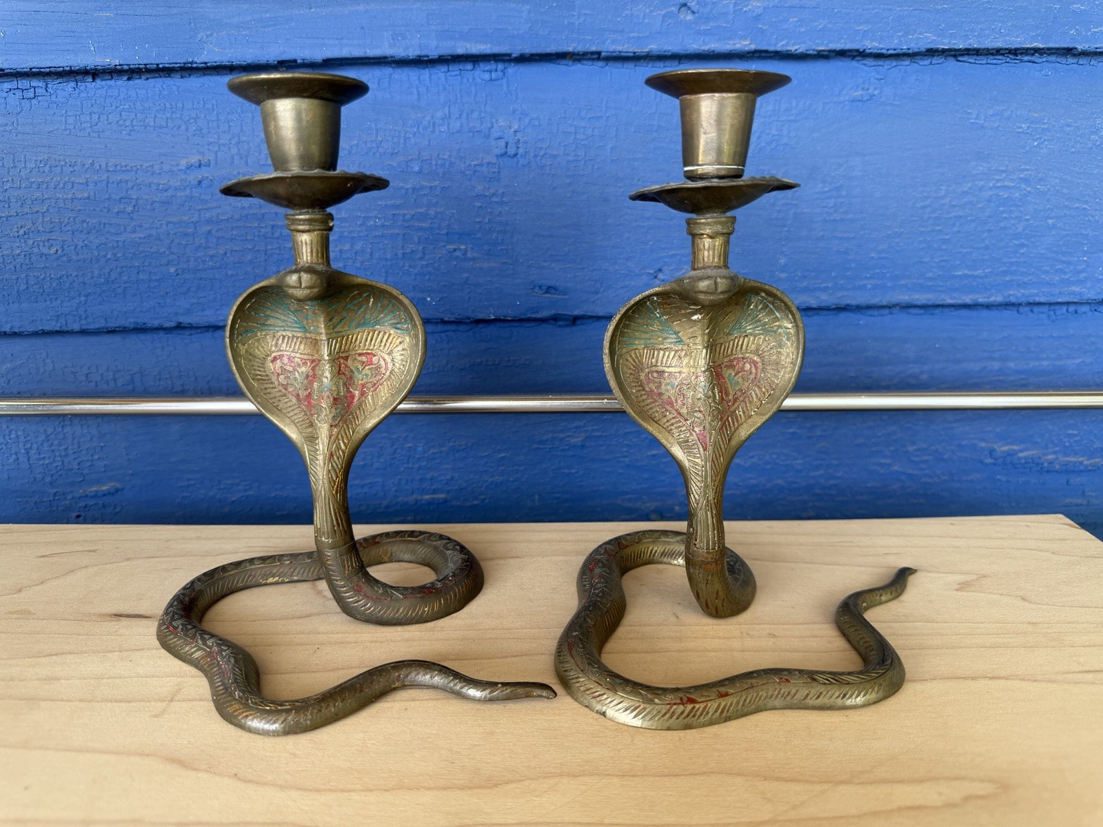 Vintage Pr of Moroccan Indian Brass Cobra Snake Etched Candlesticks 6 3/4 Vintage Pr of Moroccan Indian Brass Cobra Snake Etched Candlesticks 6 3/4