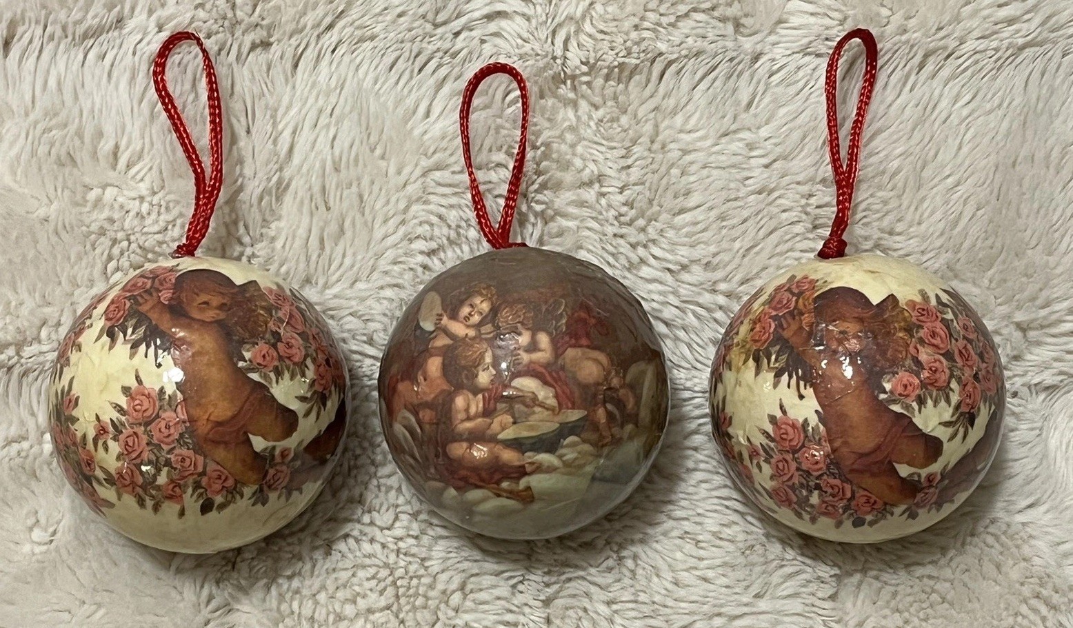 3 VTG Victorian Ornament Balls Angel Cherub Pink Roses Paper Mache Decoupage
