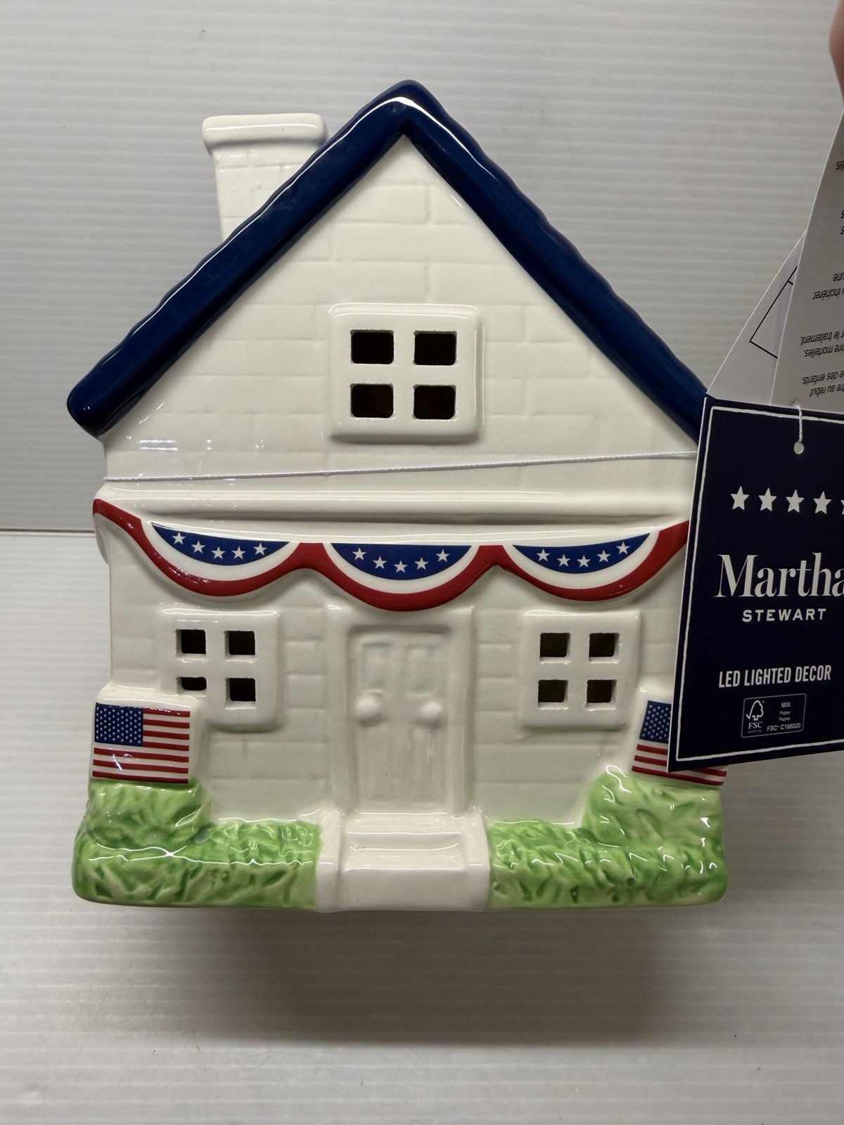 Stars & Stripes Patriotic July 4th 2026 Blue LED Ceramic House Americana NWT