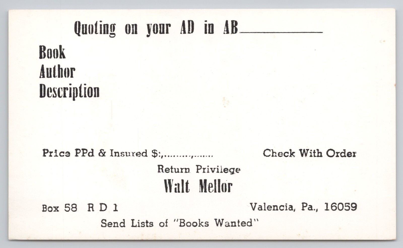 AB Bookman's Weekly Quoting Postcard Walt Mellor Valencia PA Trade Card AB Bookman's Weekly Quoting Postcard Walt Mellor Valencia PA Trade Card