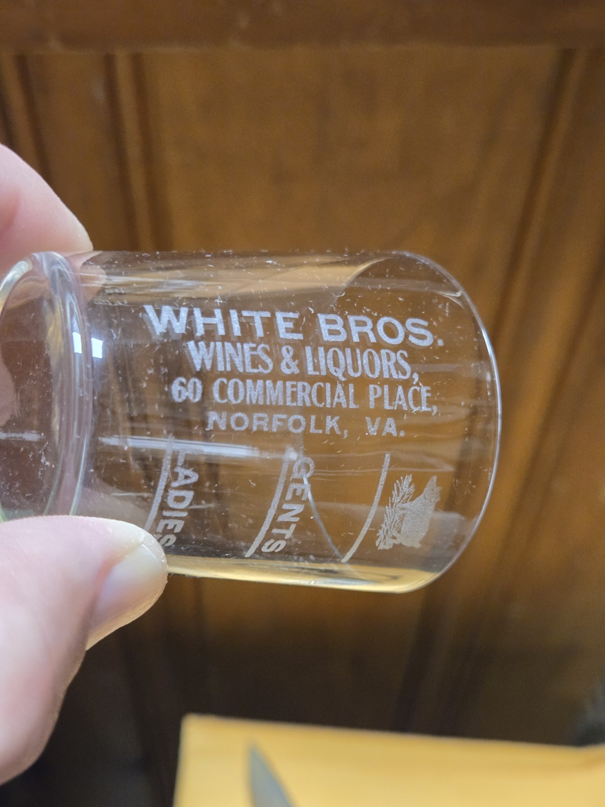 Rare Old White Bros Wine Liquor Norfolk VA PRE PRO Advertising etched Shot Glass Rare Old White Bros Wine Liquor Norfolk VA PRE PRO Advertising etched Shot Glass