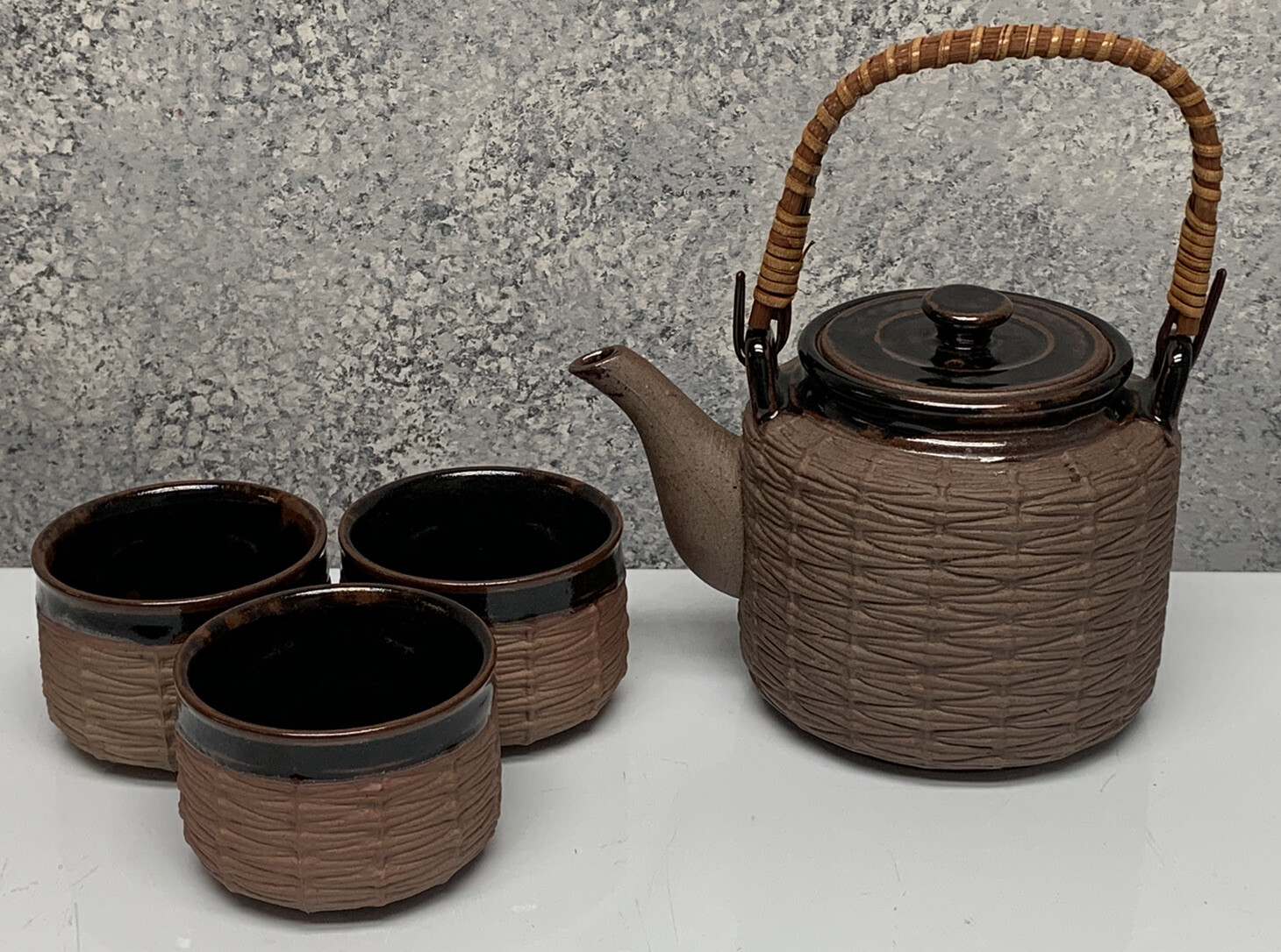 TAKAHASHI JAPAN 4 Piece Tea Set Brown Clay Cane Wrap NEW TAKAHASHI JAPAN 4 Piece Tea Set Brown Clay Cane Wrap NEW