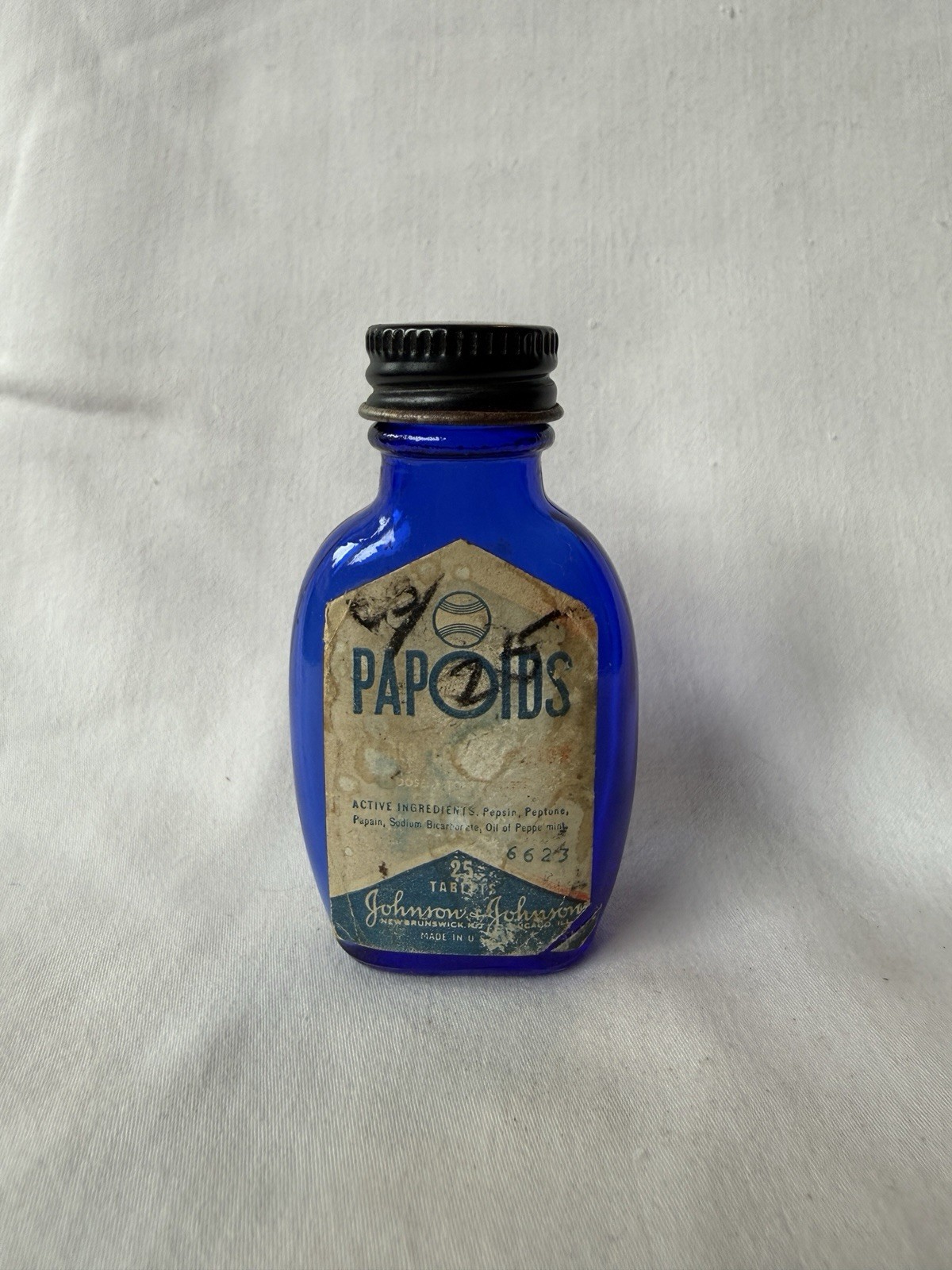 Antique Johnson & Johnson Papoids Cobalt Blue Glass Bottle Empty Circa 1930s