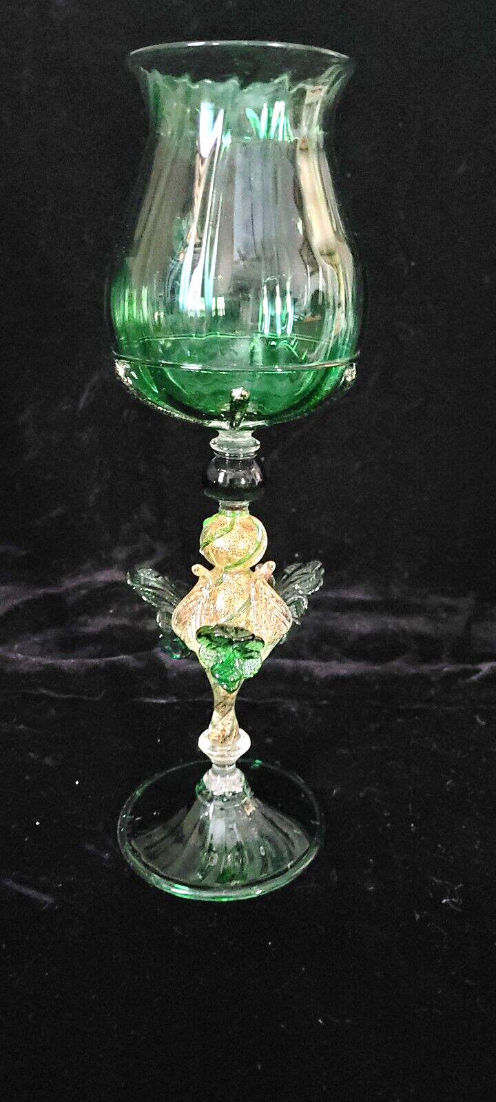 Vintage Venetian Murano Glass Stem Glass Green Gold Flecks 11\