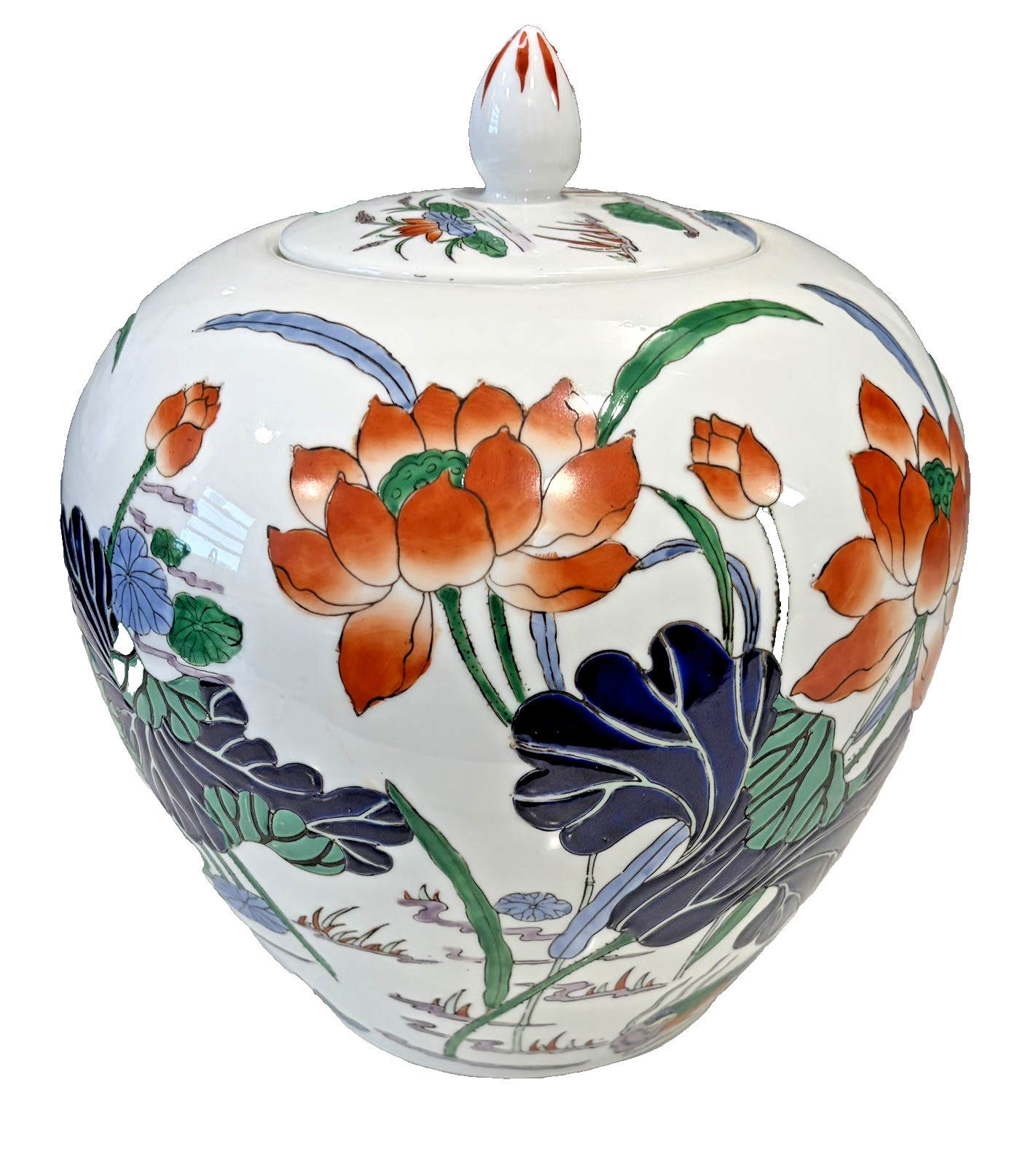 Vintage Macau Porcelain Ginger Jar w/ Lid Lotus Flower Mandarin Duck Temple Jar