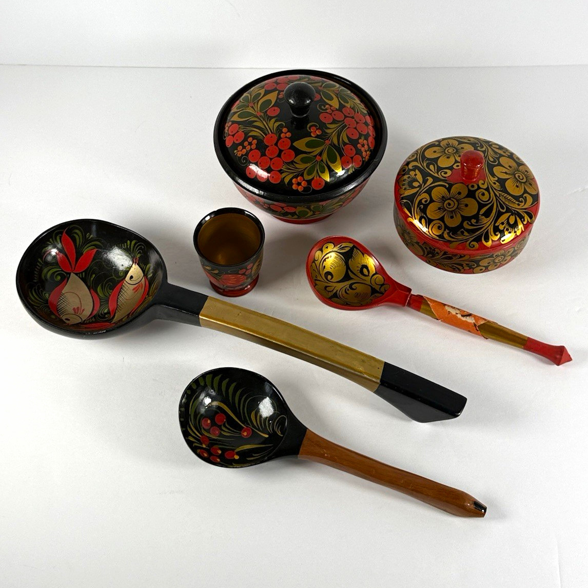 Vintage USSR Khokhloma 6 Pc Hand Painted Wooden Folk Art Set Made in USSR