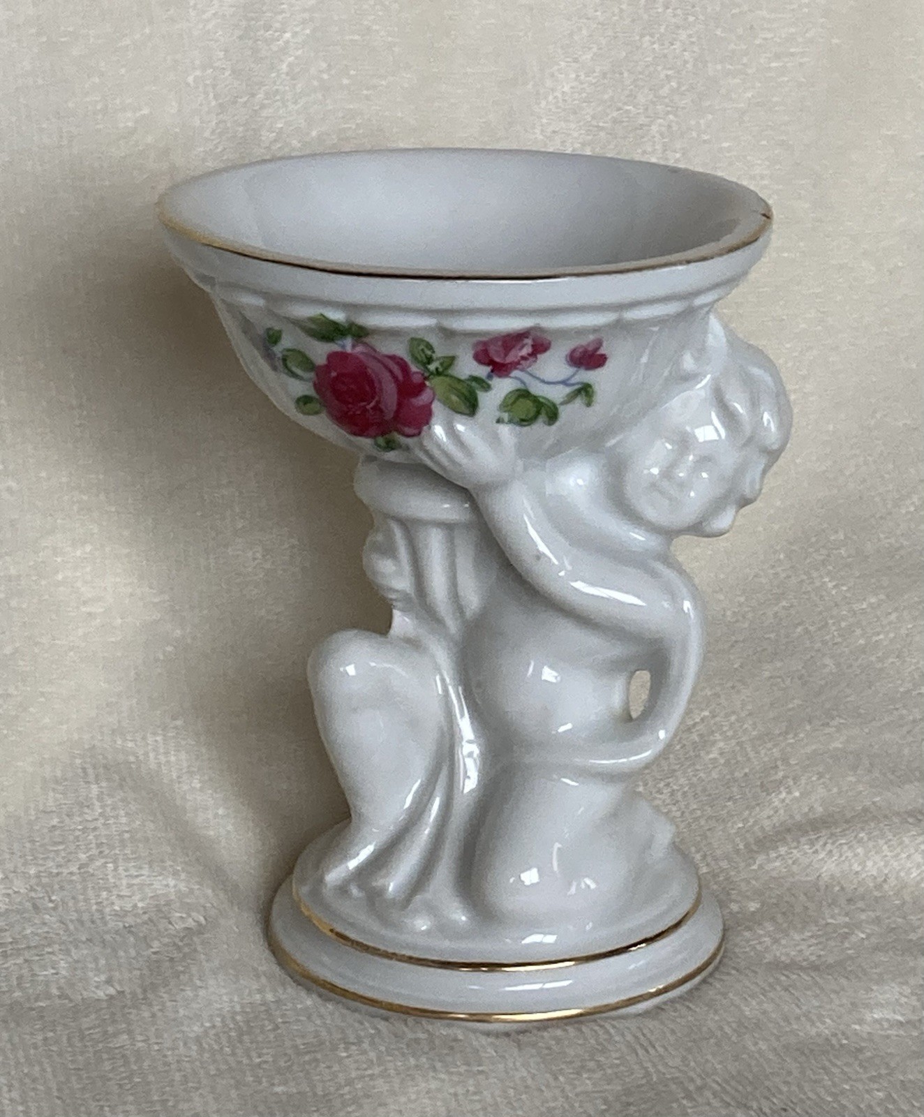 TILSO Japan Hand Painted Ceramic Cherub Floral Planter VINTAGE 4” Tall