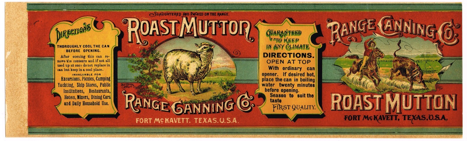 ORIGINAL VINTAGE TIN CAN LABEL C1890S TEXAS MUTTON COWBOY ROPER STEER OLD WEST 2