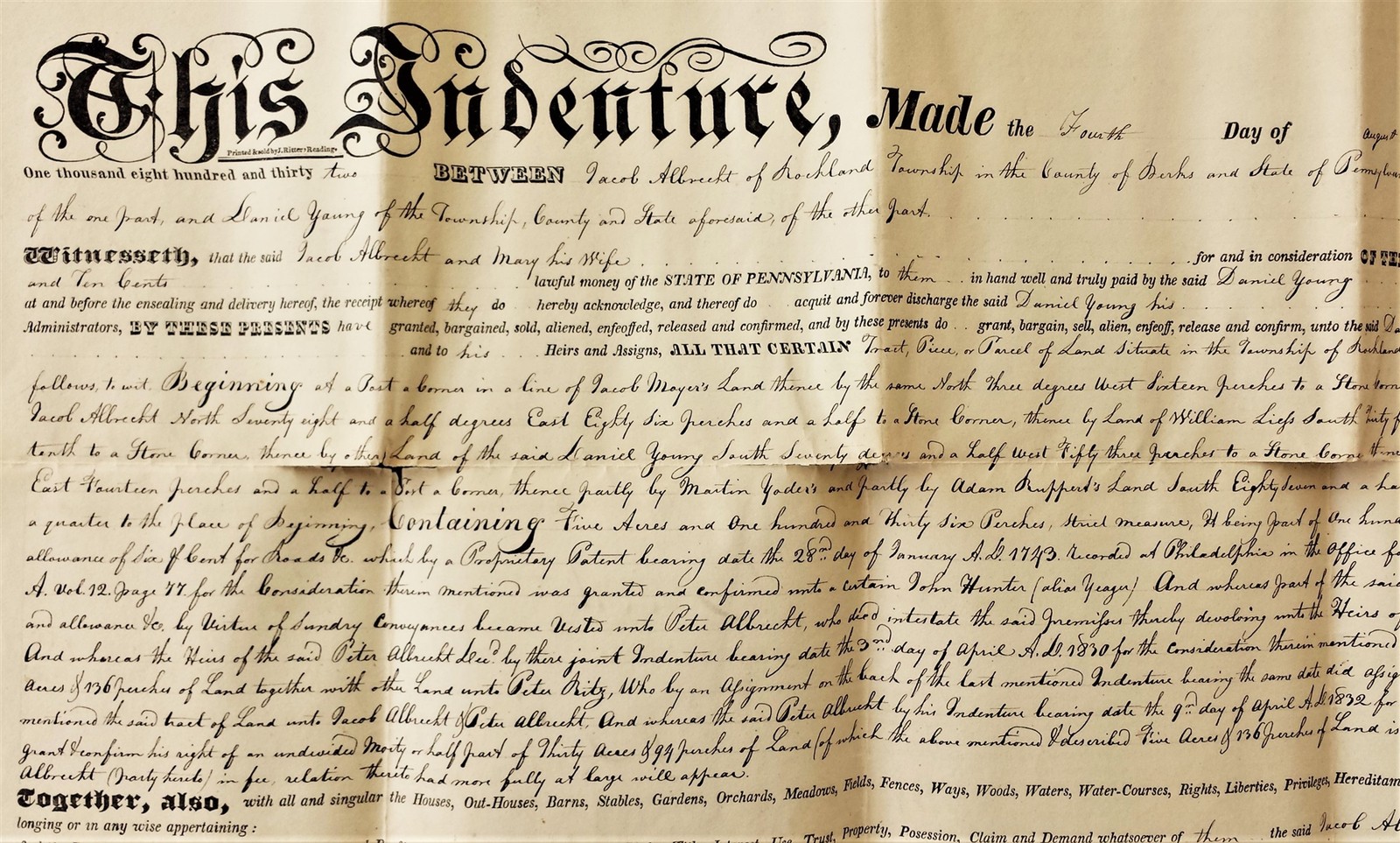 1832 antique DEED JACOB ALBRECHT albright DANIEL YOUNG rockland berks pa land