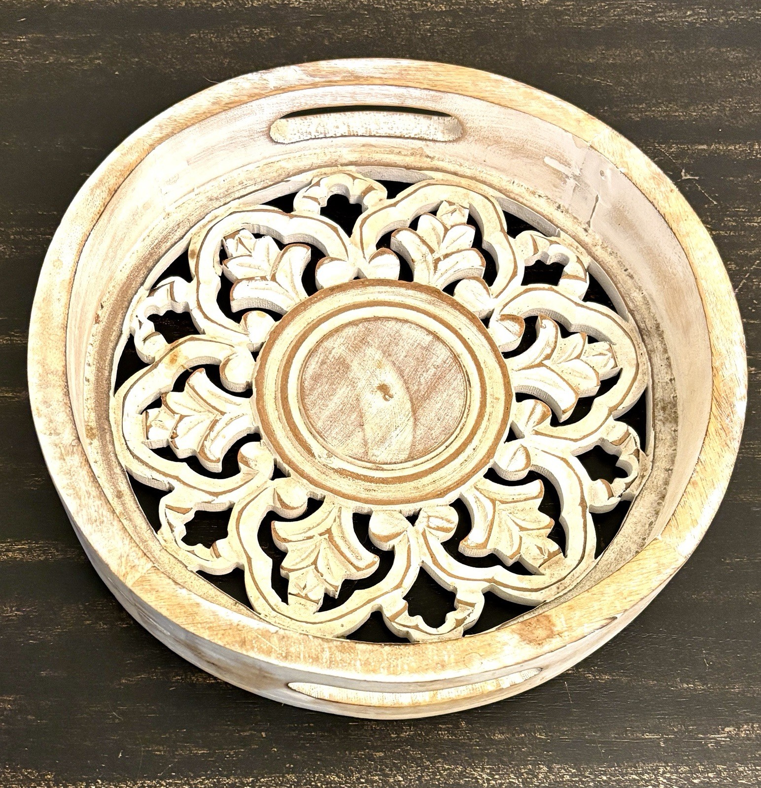 Vintage Hand-Carved Wood Floral Mandala Tray – Whitewash Centerpiece 11.5” Vintage Hand-Carved Wood Floral Mandala Tray – Whitewash Centerpiece 11.5”