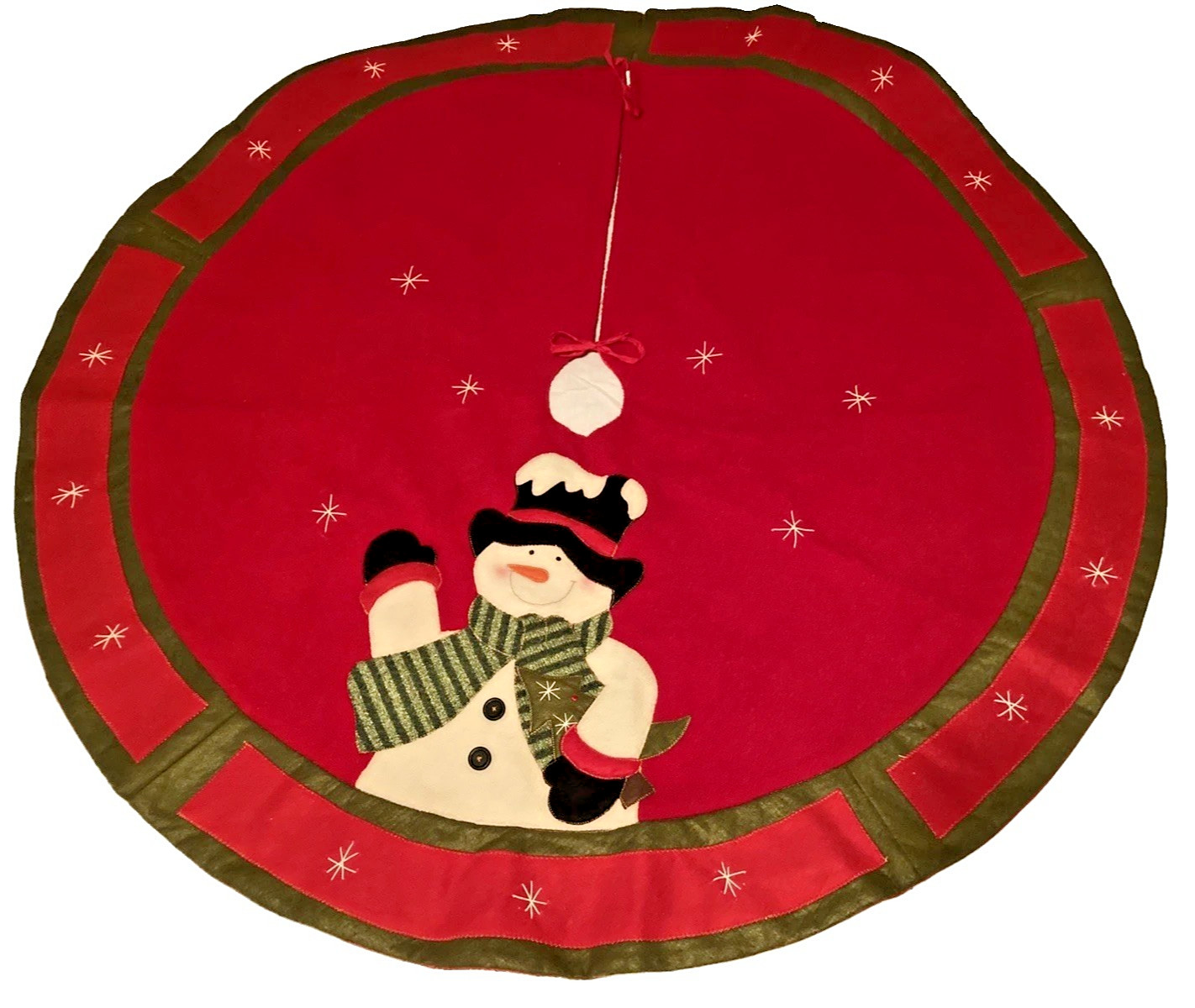 Snowman Applique Christmas Tree Skirt Red Fleece Embroidered Snowflakes 48\