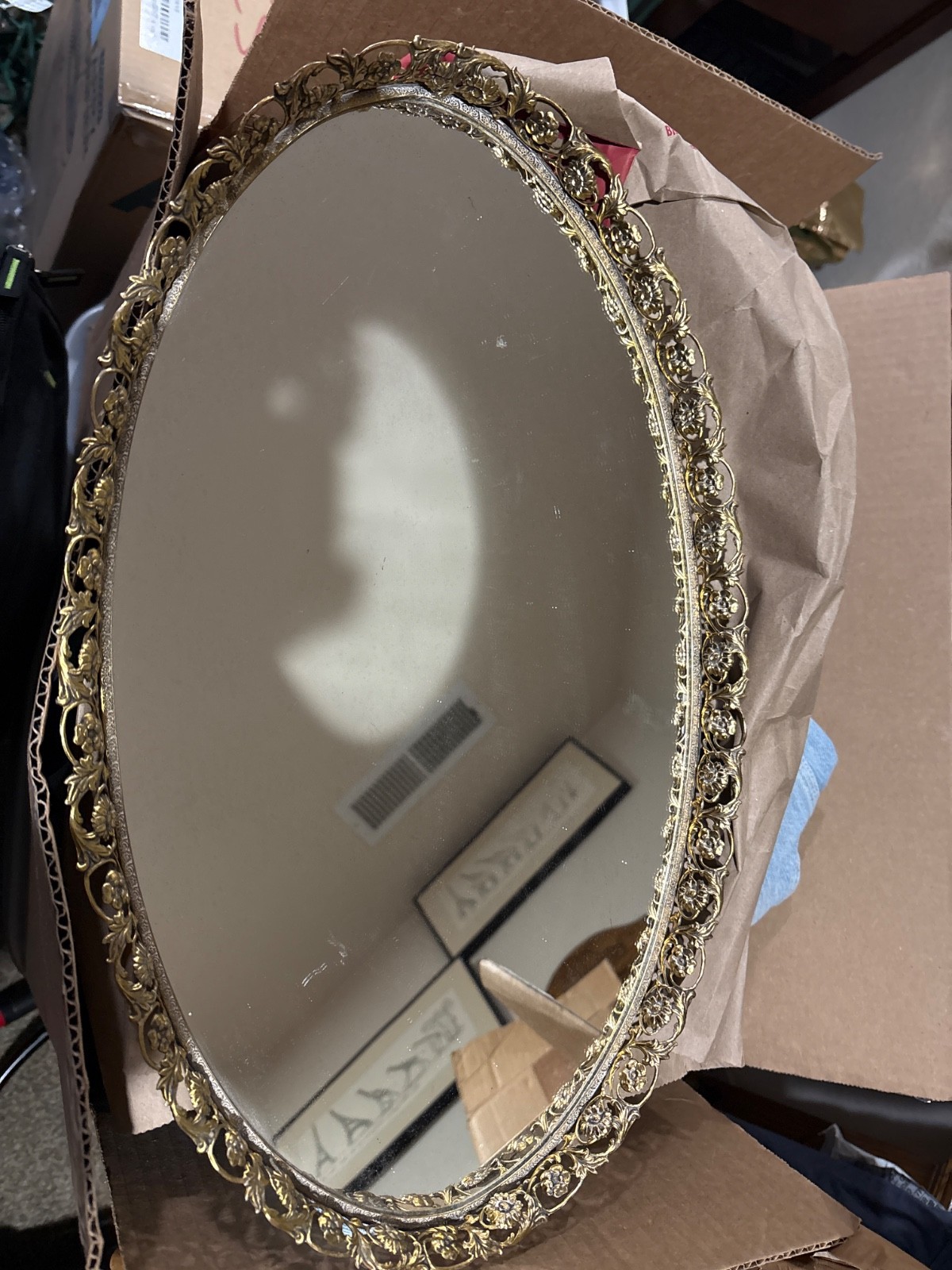Vintage Large Cherub Gold Gilt Plated Matson/ Stylebuilt Vanity Mirror Tray