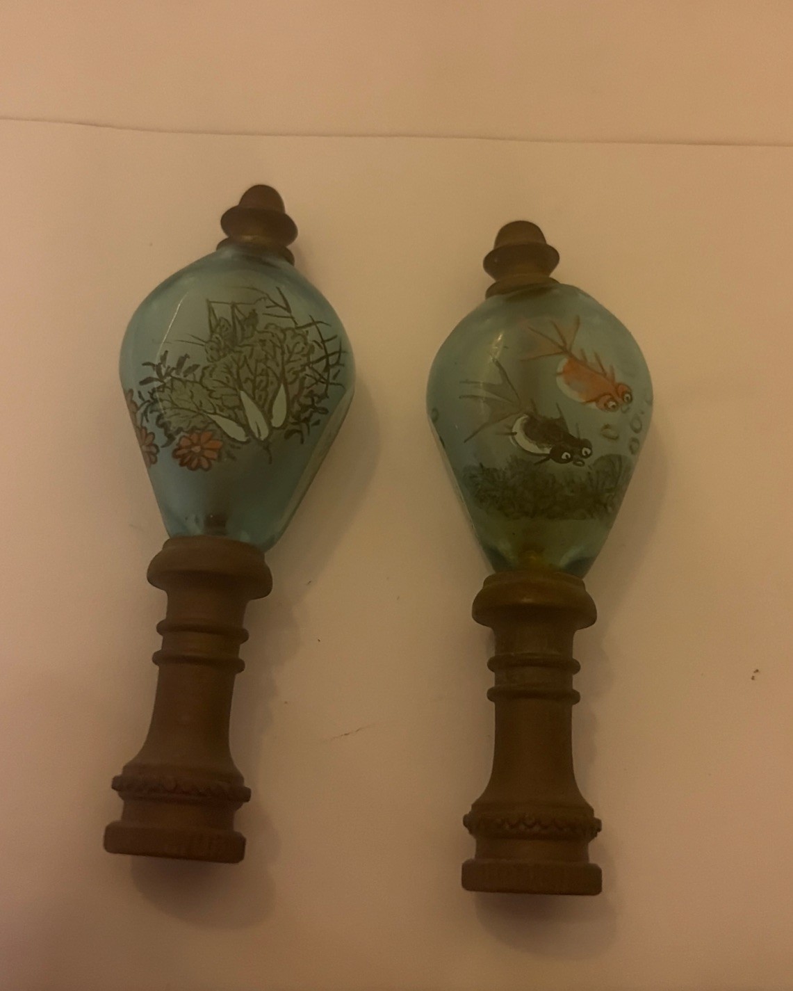 Vintage Pair Reverse Painted Glass Lamp Finials Asian Goldfish Birds Brass Base