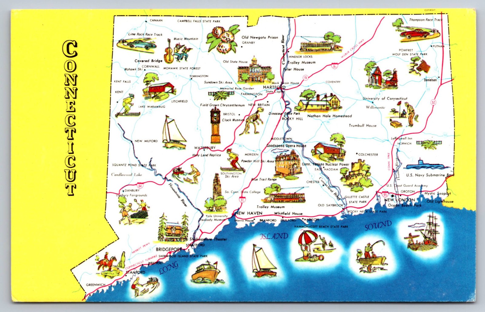 Connecticut Map Postcard Key Locations