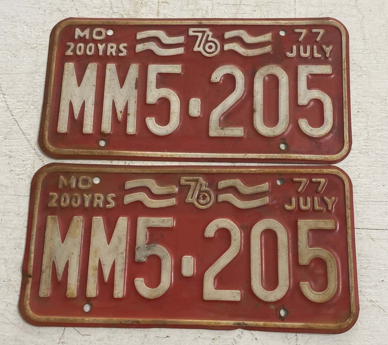 1976 1977 Missouri License Plate Pair Bicentennial # MM5-205