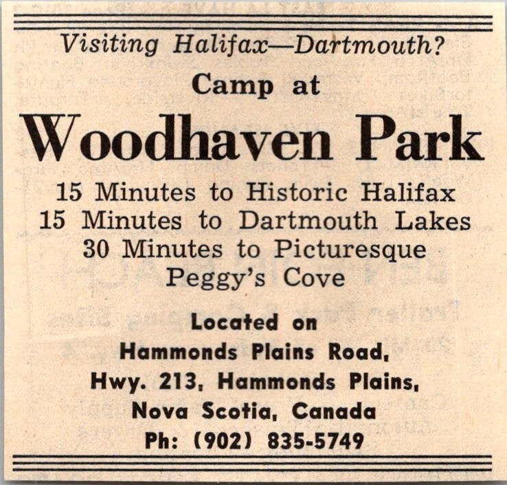 Camp At Woodhaven Park Hwy 213 Hammonds Plains Nova Scotia CAN 1974 Ad TAK6-S105 Camp At Woodhaven Park Hwy 213 Hammonds Plains Nova Scotia CAN 1974 Ad TAK6-S105