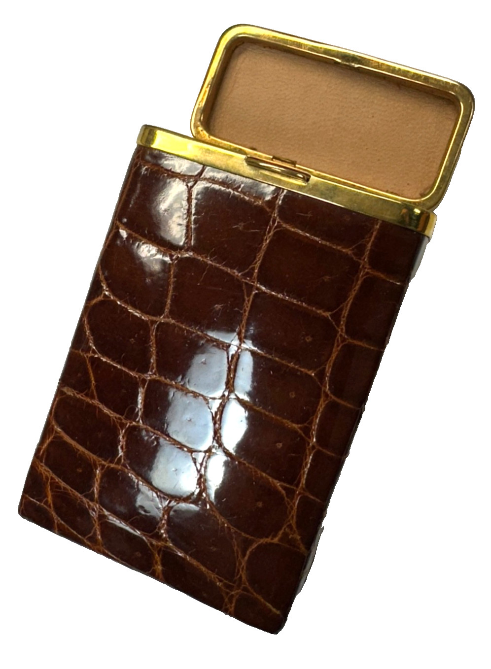 Vintage Genuine Crocodile Leather Cigarette Case Brown Gold Tone Hinged