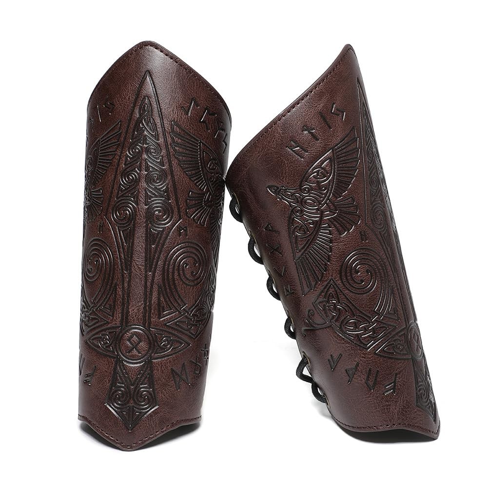 Men's Medieval Viking Leather Bracers Embossed Sword Arm Guard Gauntlet Pair Men's Medieval Viking Leather Bracers Embossed Sword Arm Guard Gauntlet Pair