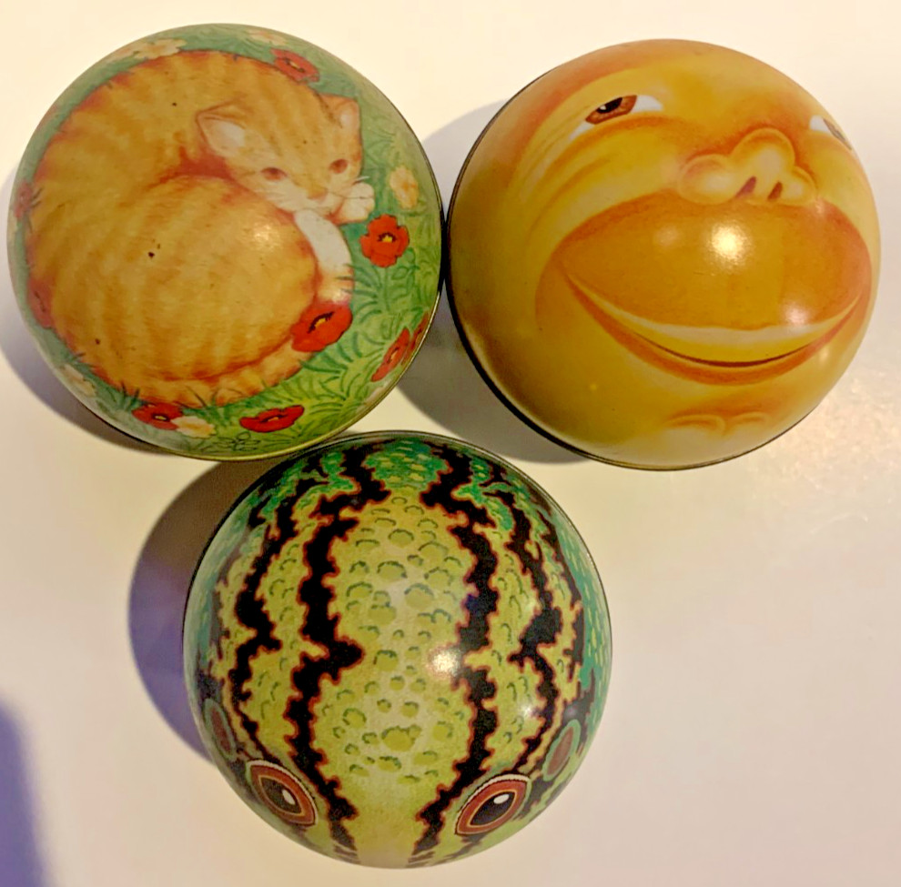 3 Vintage 1979 DoDo Designs Tin Round Ball Containers Made In Switzerland
