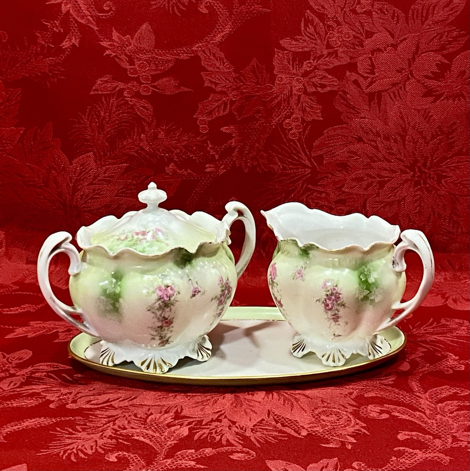 Antique 1884-1909 MZ Austria Rose Porcelain Creamer and Sugar Bowl Set with Tray Antique 1884-1909 MZ Austria Rose Porcelain Creamer and Sugar Bowl Set with Tray