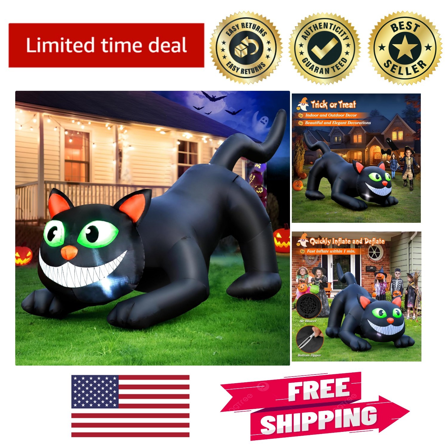 Giant 7FT Black Cat Inflatable - LED Illumination for Halloween Celebrations Giant 7FT Black Cat Inflatable - LED Illumination for Halloween Celebrations